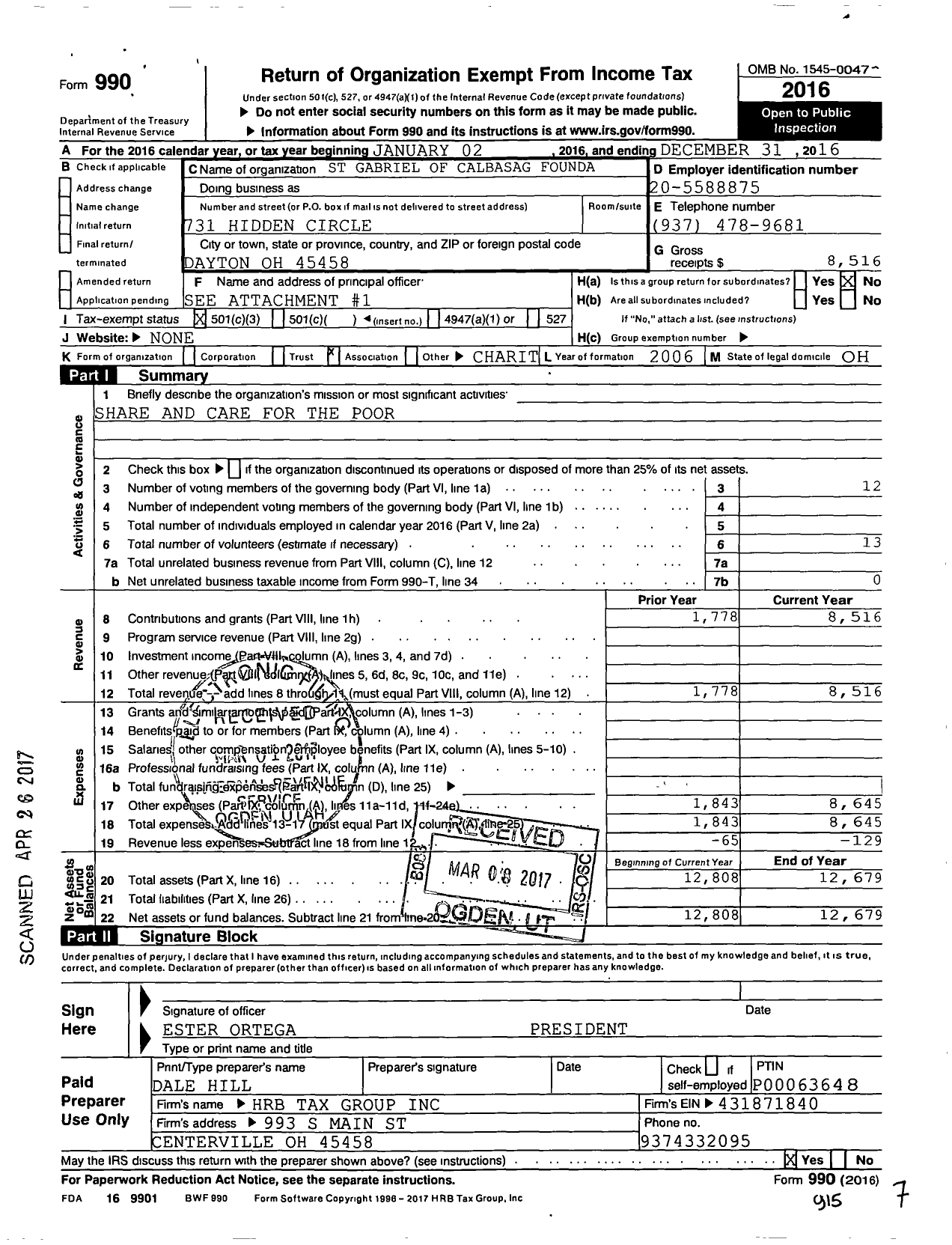Image of first page of 2016 Form 990 for St Gabriel of Calbasag Foundation