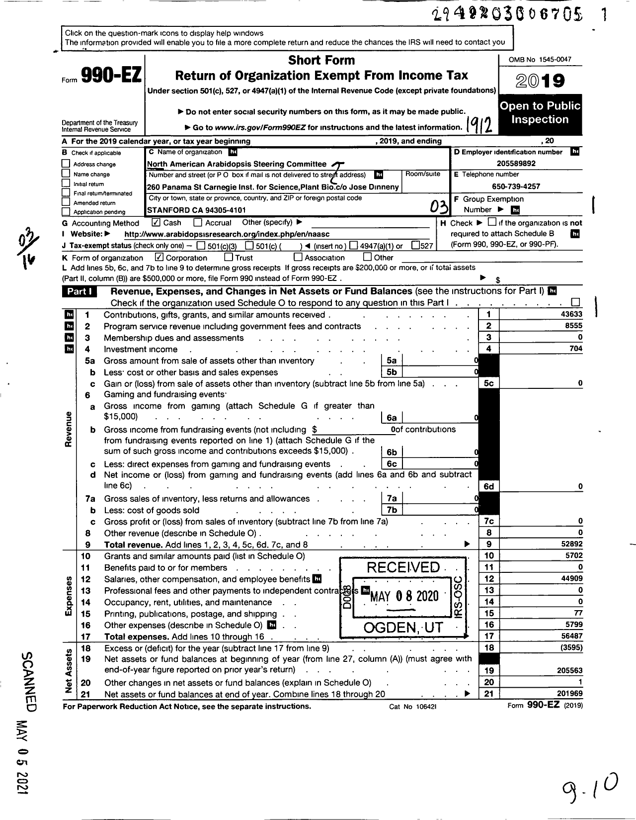 Image of first page of 2019 Form 990EZ for North American Arabidopsis Steering Committee