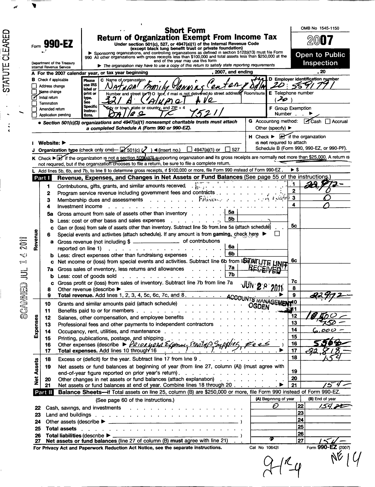 Image of first page of 2007 Form 990EO for Natural Family Planning Center of Dallas