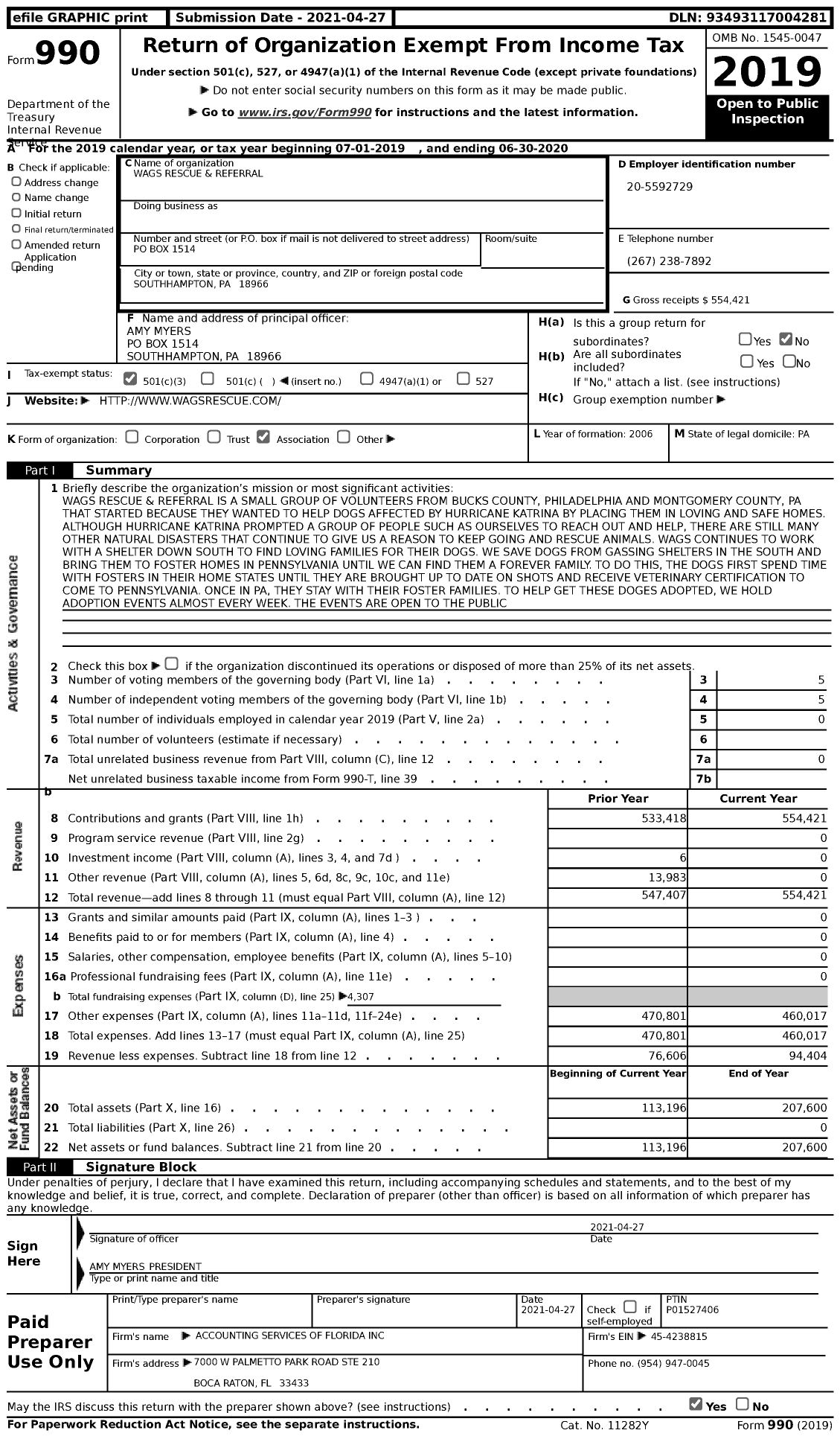 Image of first page of 2019 Form 990 for Wags Rescue and Referral