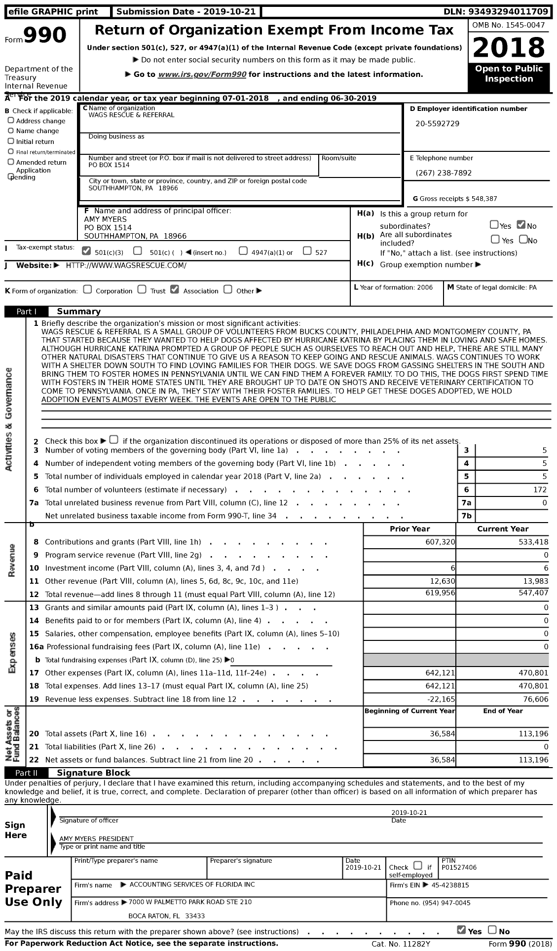 Image of first page of 2018 Form 990 for Wags Rescue and Referral