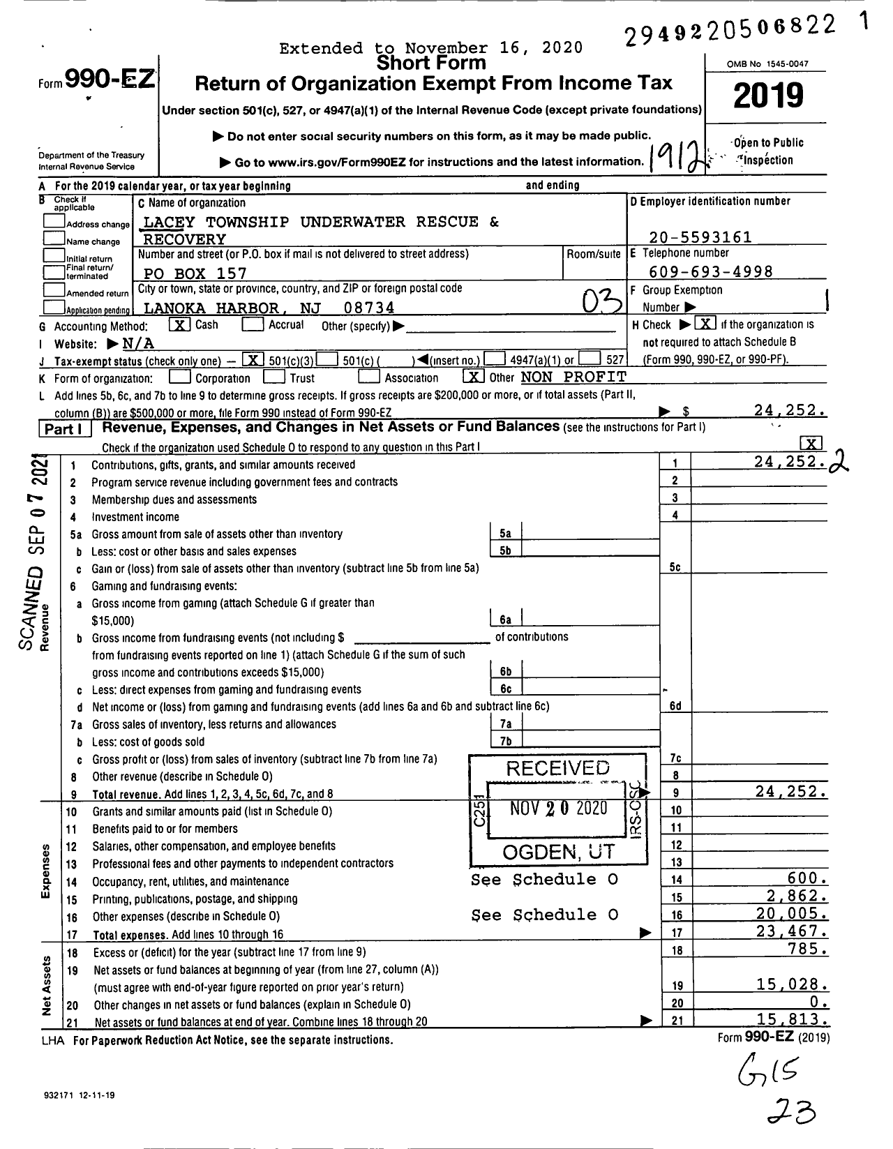 Image of first page of 2019 Form 990EZ for Lacey Township Underwater Rescue and Recovery