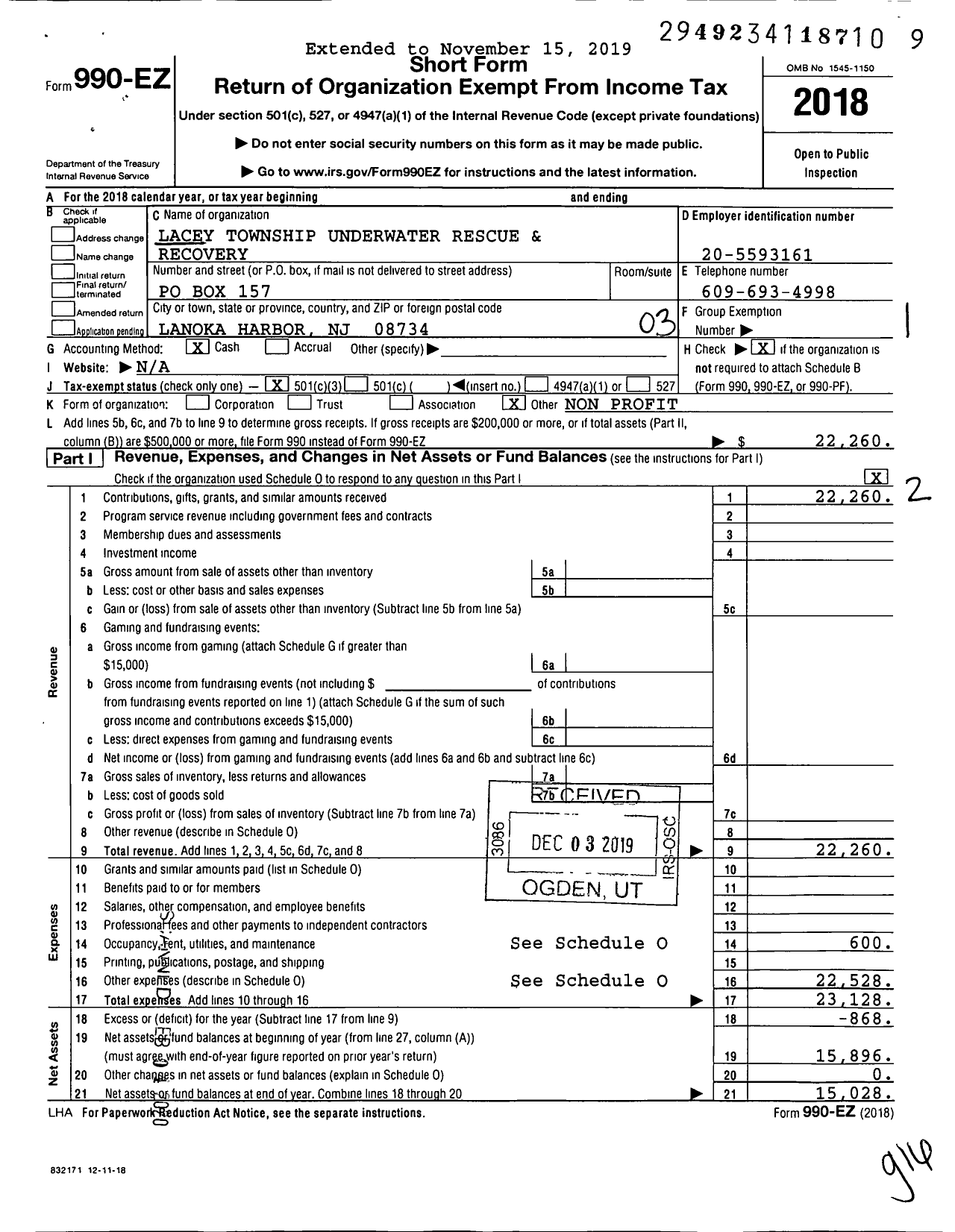 Image of first page of 2018 Form 990EZ for Lacey Township Underwater Rescue and Recovery