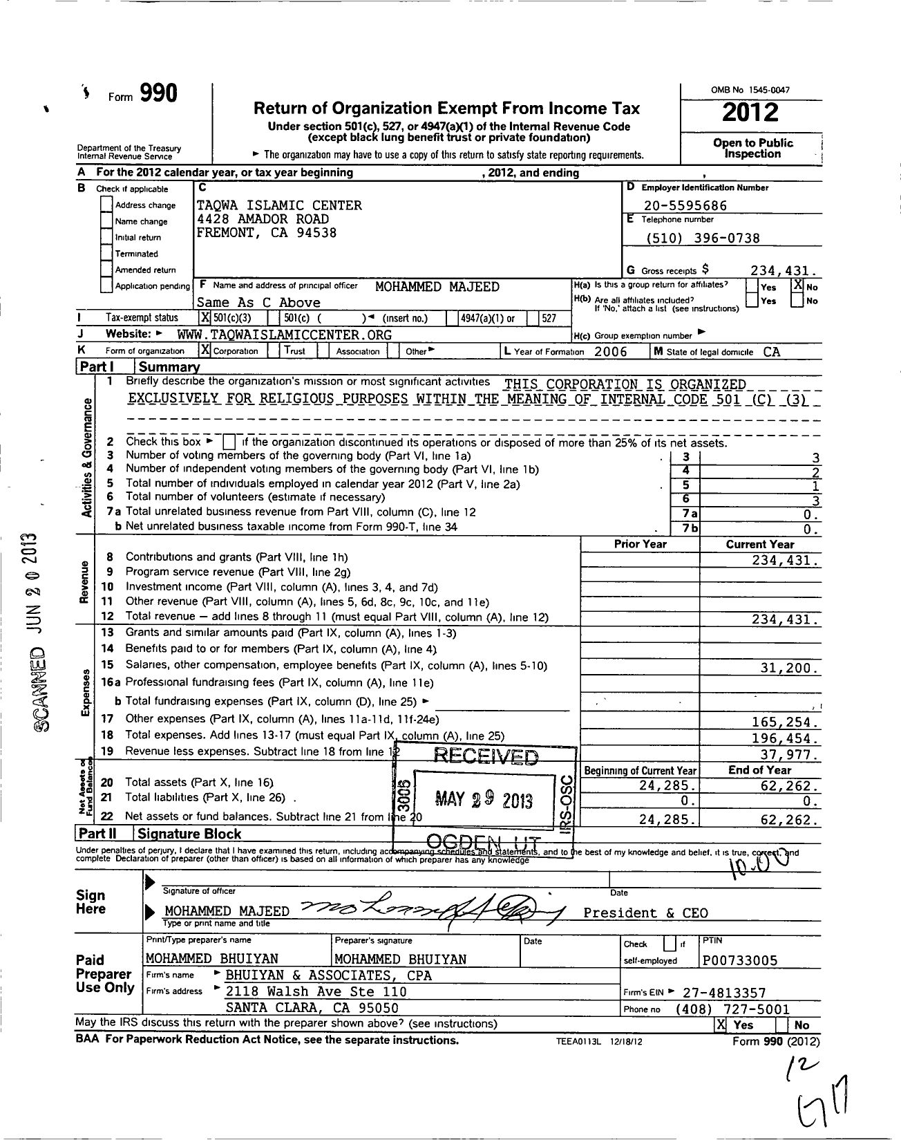 Image of first page of 2012 Form 990 for Taqwa Islamic Center Taqwa Islamic Center