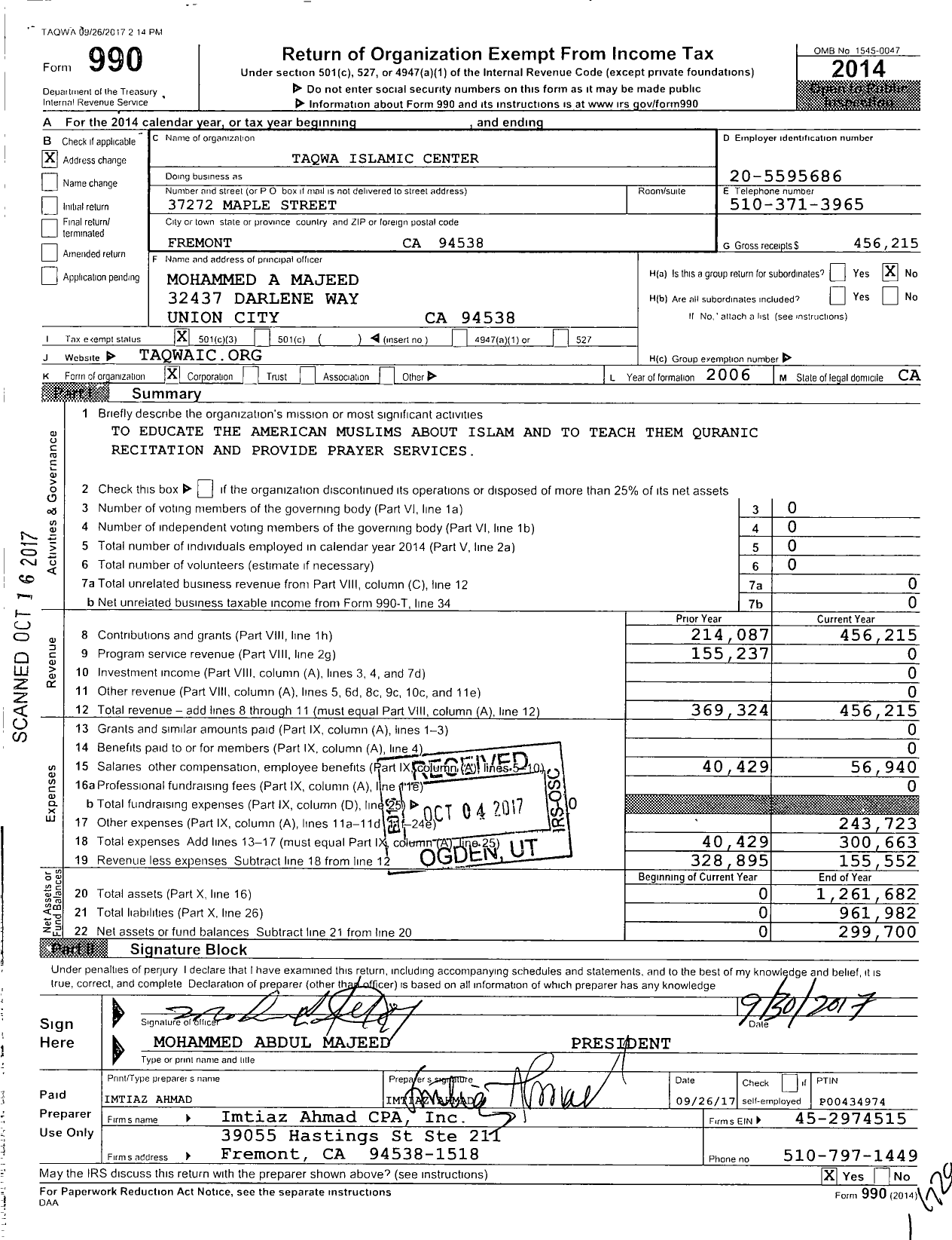 Image of first page of 2014 Form 990 for Taqwa Islamic Center Taqwa Islamic Center