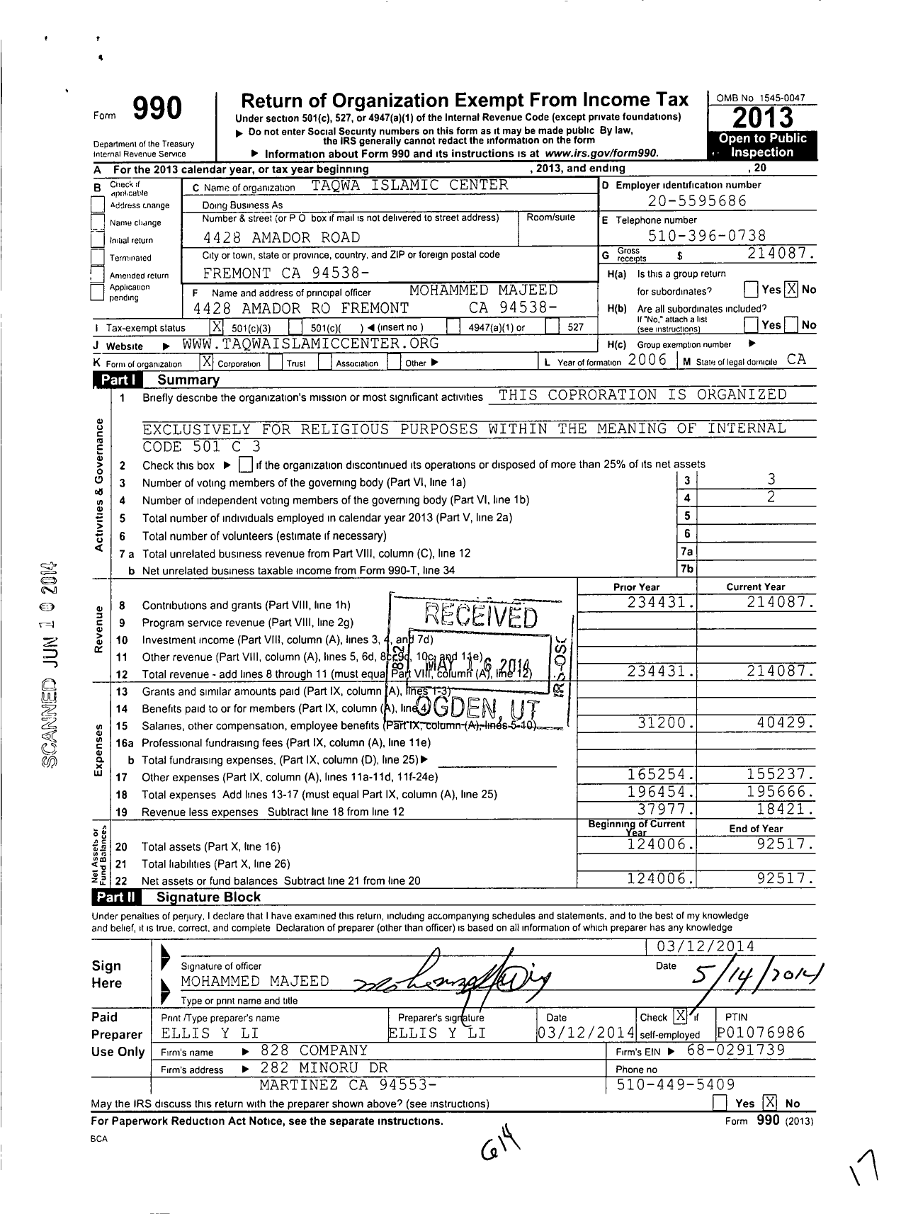 Image of first page of 2013 Form 990 for Taqwa Islamic Center Taqwa Islamic Center