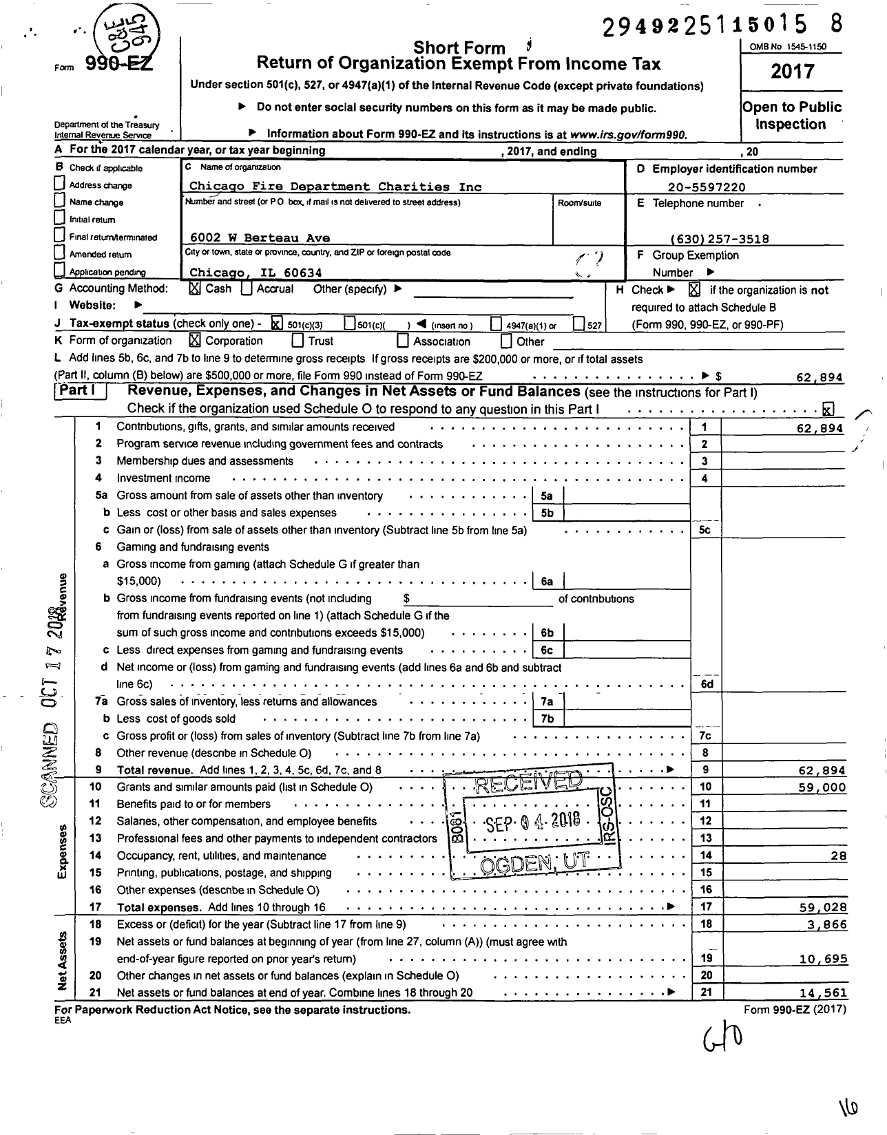 Image of first page of 2017 Form 990EZ for Chicago Fire Department Charities