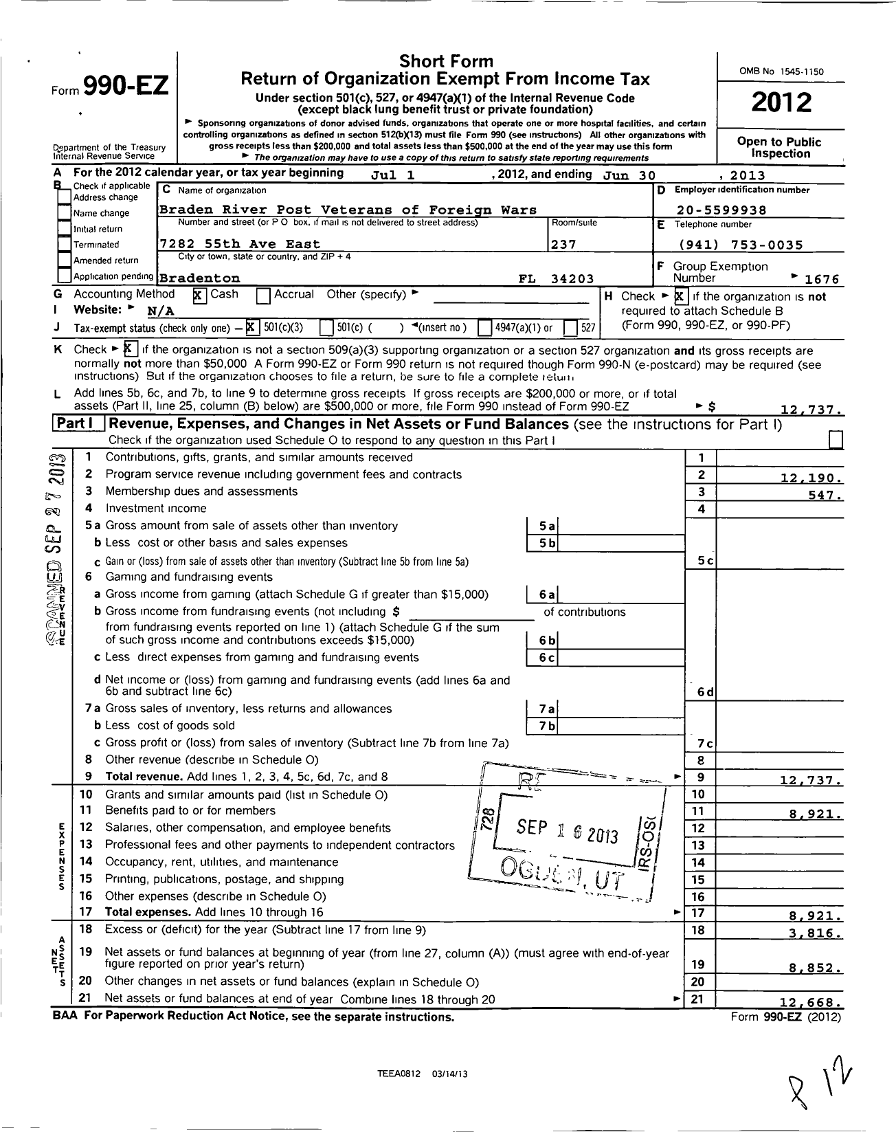 Image of first page of 2012 Form 990EZ for VFW Department of Florida - 12055 Robert Talan Post