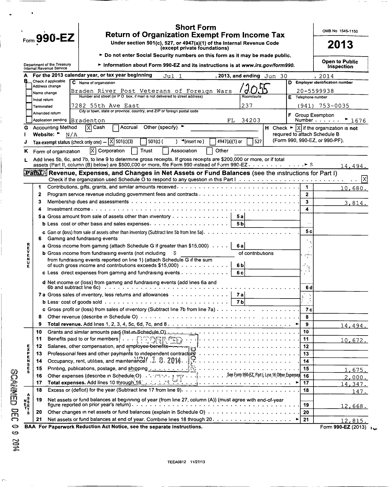 Image of first page of 2013 Form 990EZ for VFW Department of Florida - 12055 Robert Talan Post