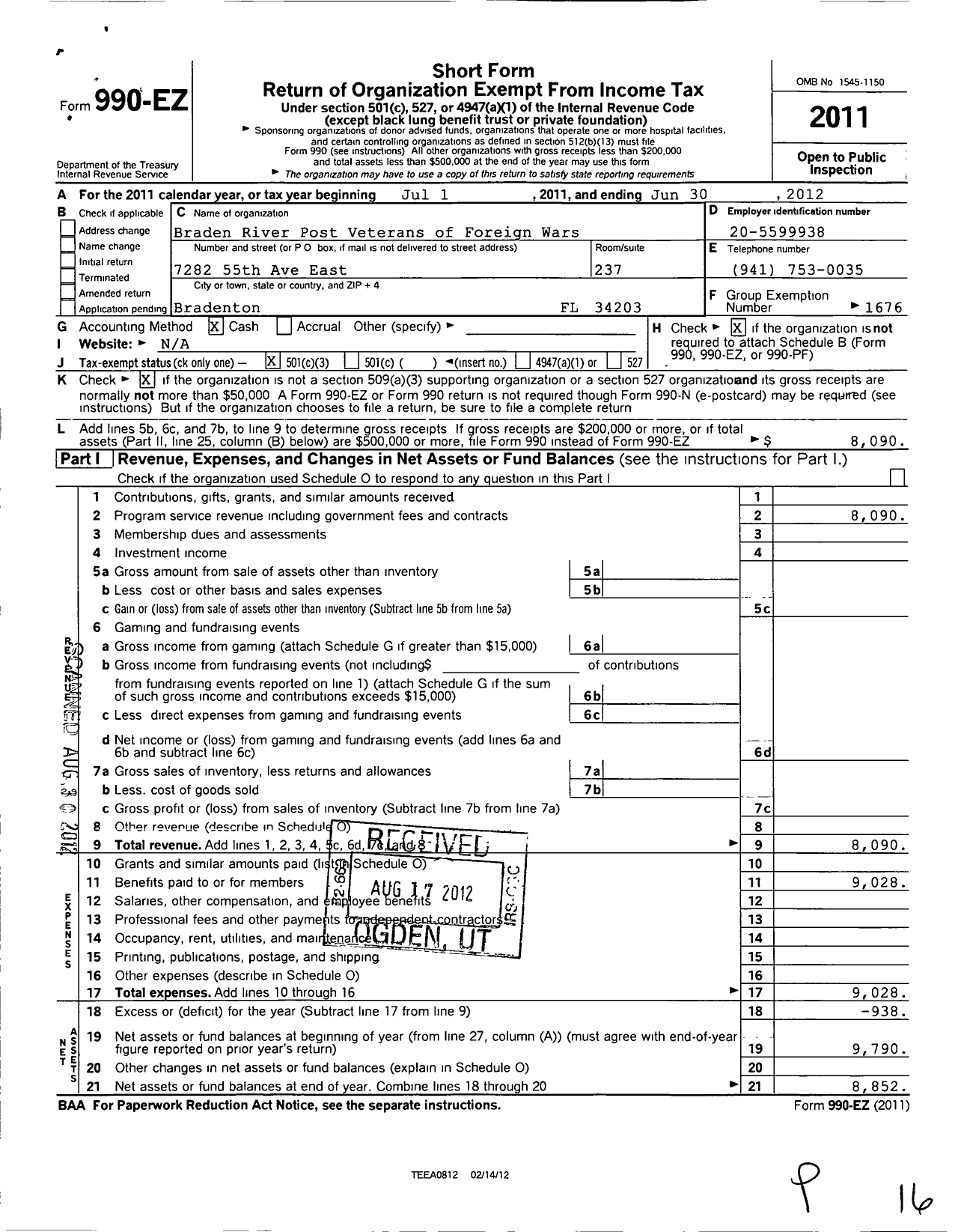 Image of first page of 2011 Form 990EZ for VFW Department of Florida - 12055 Robert Talan Post