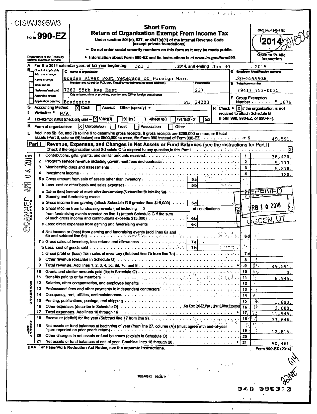 Image of first page of 2014 Form 990EZ for VFW Department of Florida - 12055 Robert Talan Post