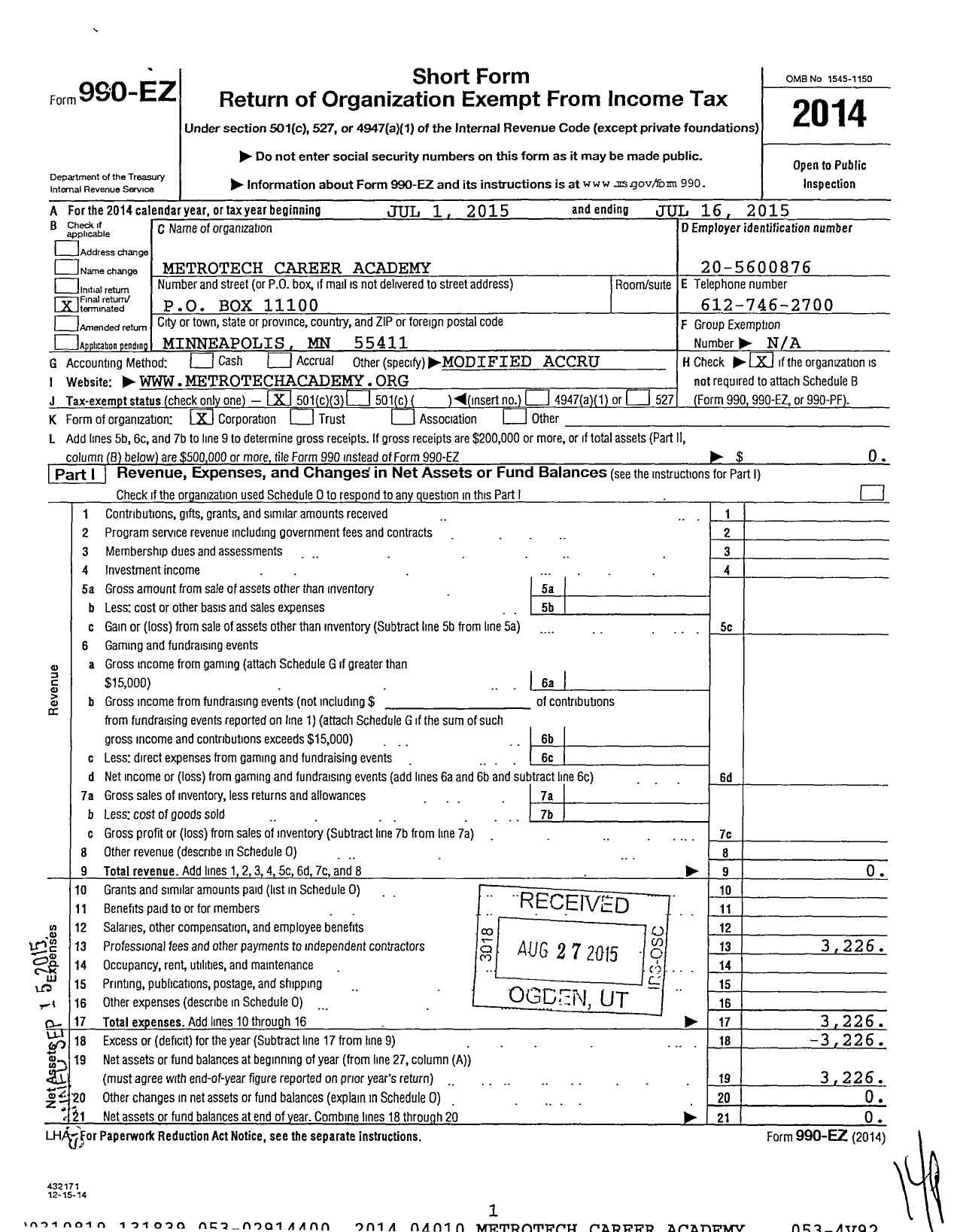 Image of first page of 2014 Form 990EZ for Metrotech Career Academy