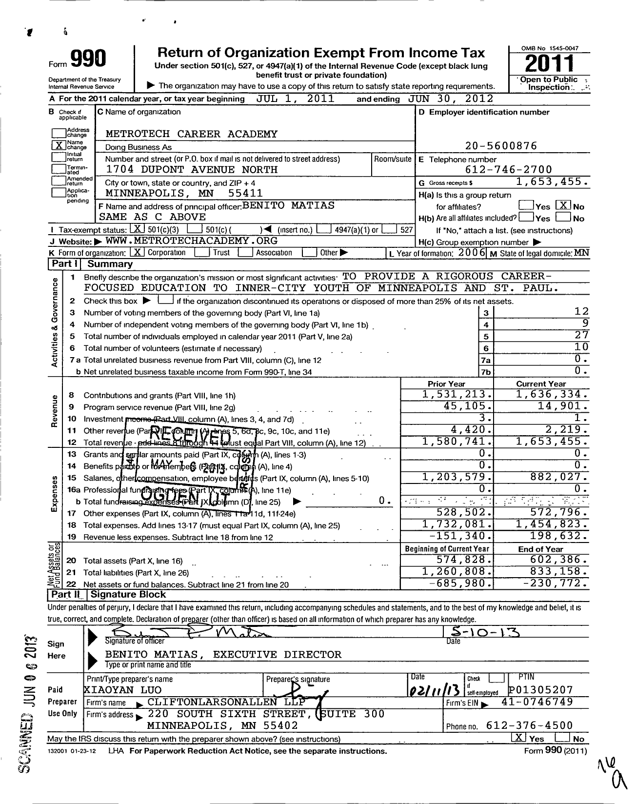 Image of first page of 2011 Form 990 for Metrotech Career Academy
