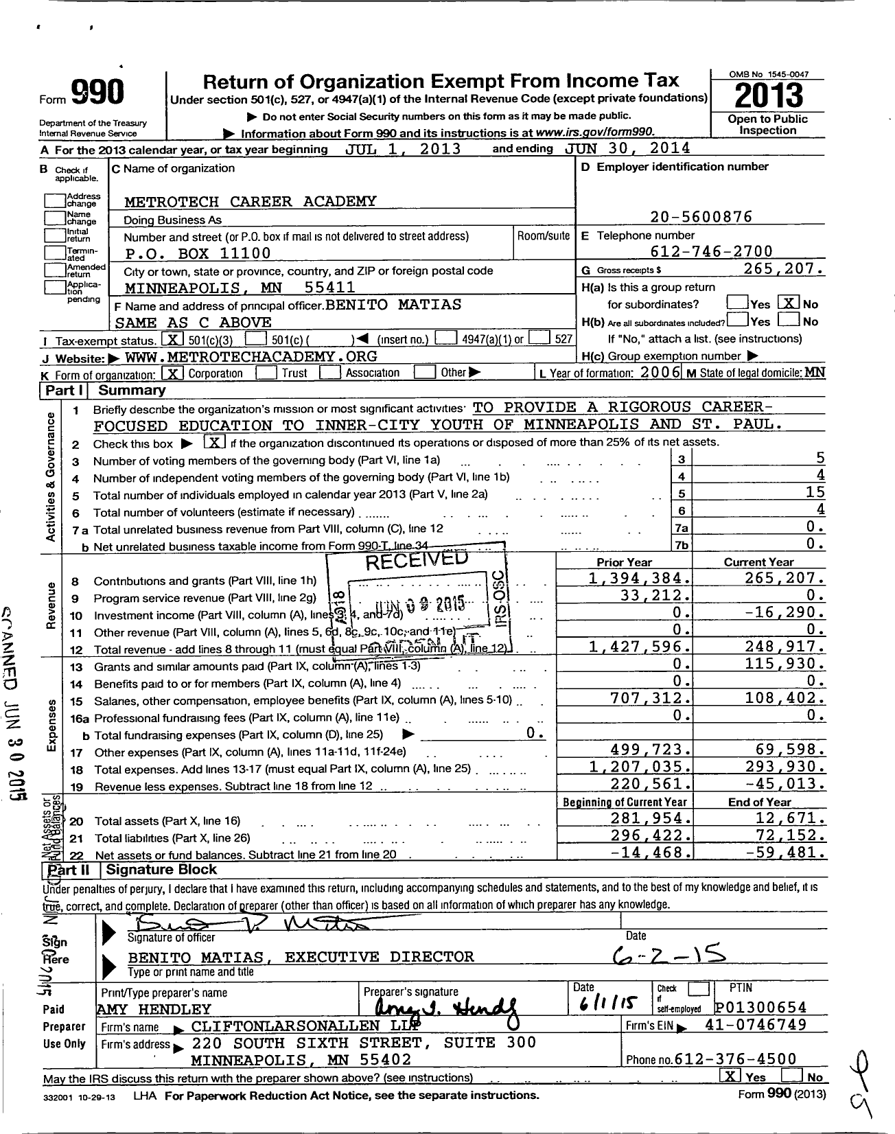 Image of first page of 2013 Form 990 for Metrotech Career Academy
