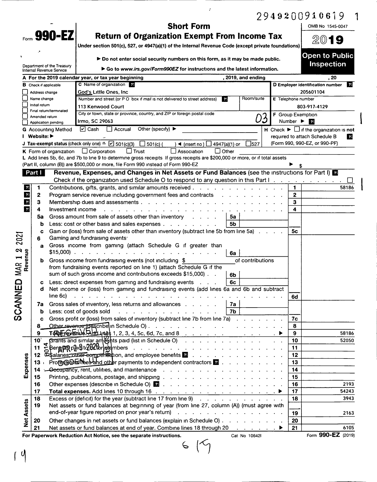 Image of first page of 2019 Form 990EZ for Gods Little Ones