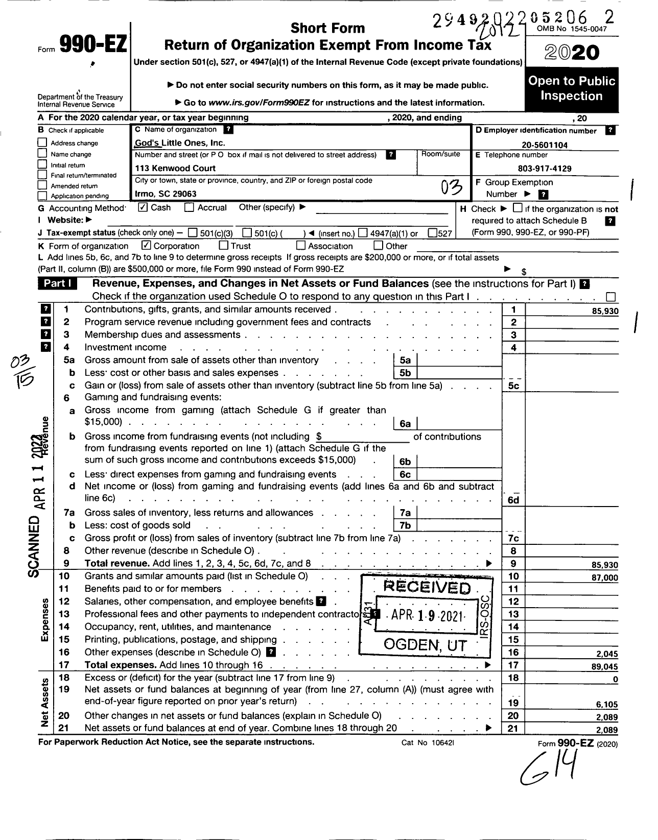 Image of first page of 2020 Form 990EZ for Gods Little Ones