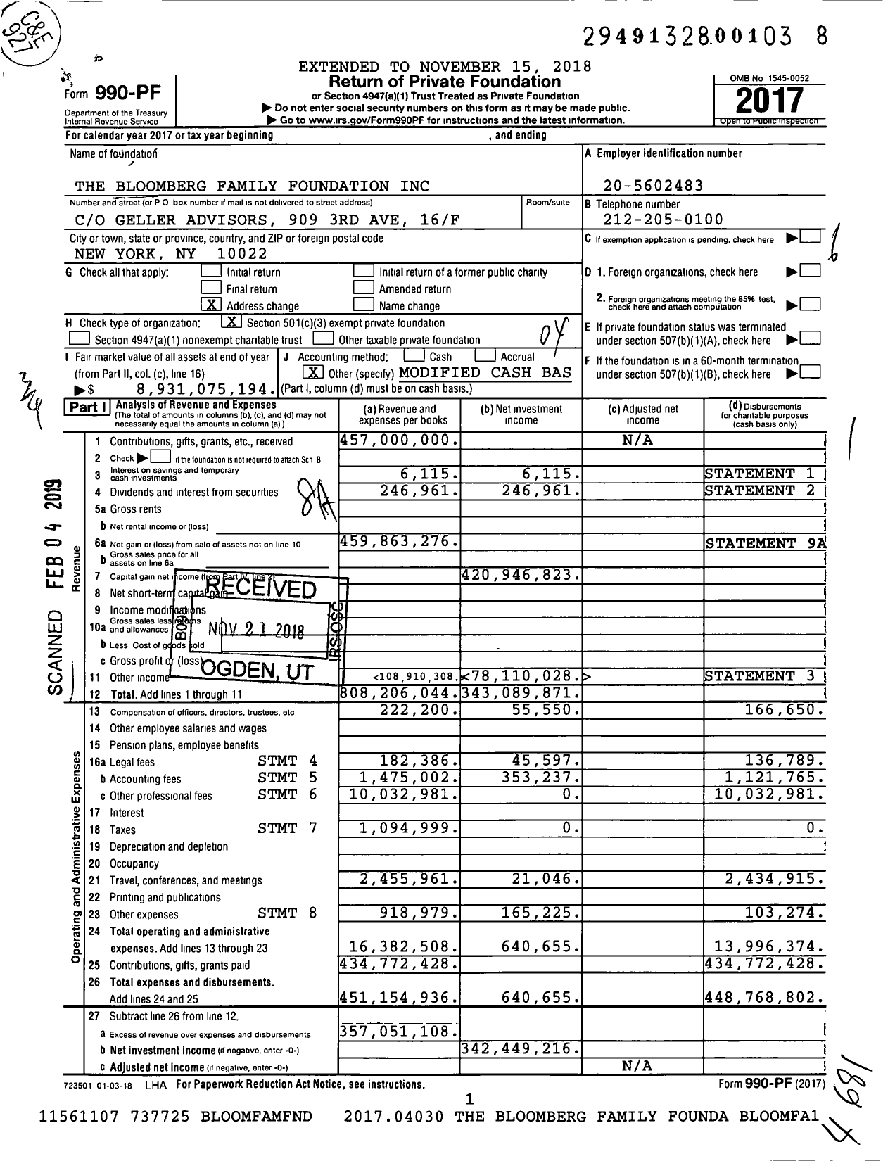 Image of first page of 2017 Form 990PF for Bloomberg Philanthropies