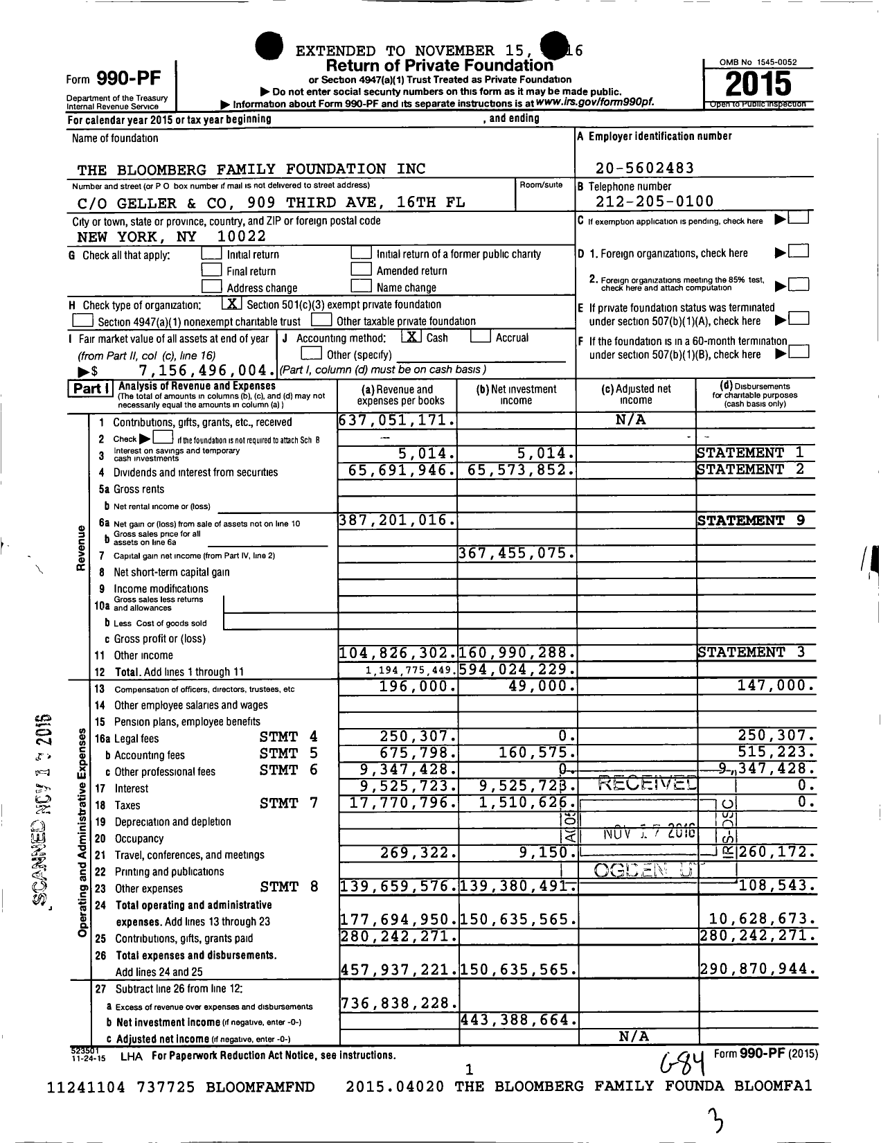 Image of first page of 2015 Form 990PF for Bloomberg Philanthropies