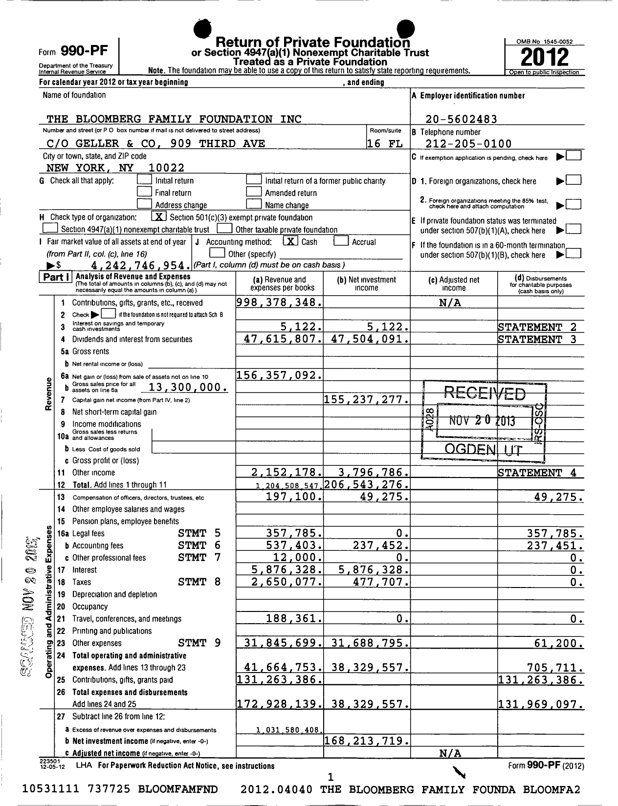 Image of first page of 2012 Form 990PF for Bloomberg Philanthropies