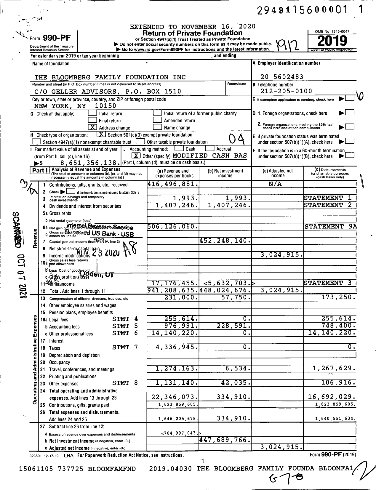 Image of first page of 2019 Form 990PF for Bloomberg Philanthropies