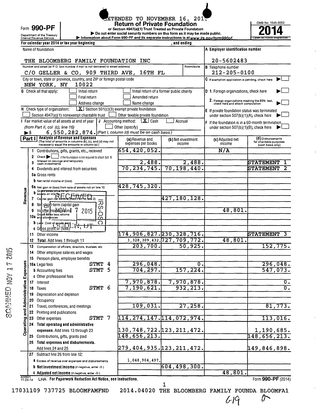 Image of first page of 2014 Form 990PF for Bloomberg Philanthropies