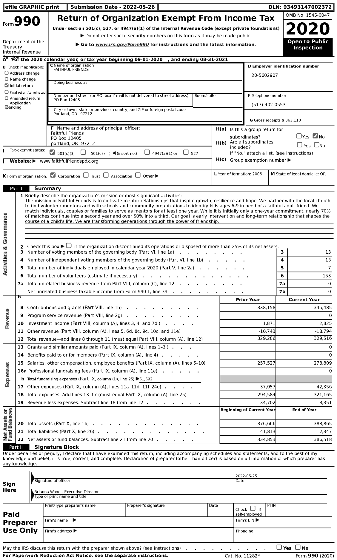 Image of first page of 2020 Form 990 for Faithful Friends