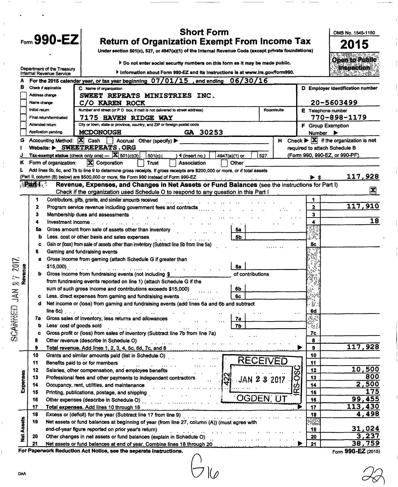 Image of first page of 2015 Form 990EZ for Sweet Repeats Ministries