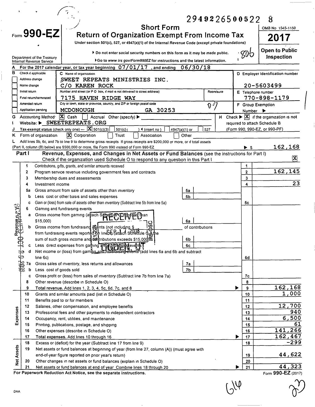 Image of first page of 2017 Form 990EZ for Sweet Repeats Ministries