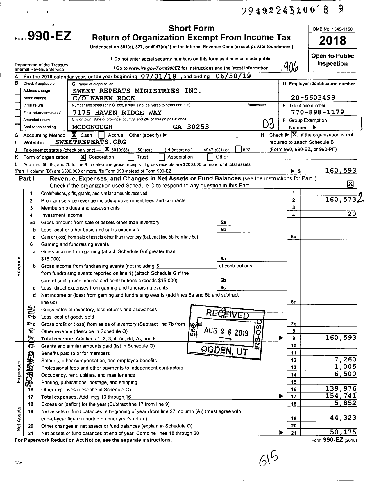 Image of first page of 2018 Form 990EZ for Sweet Repeats Ministries