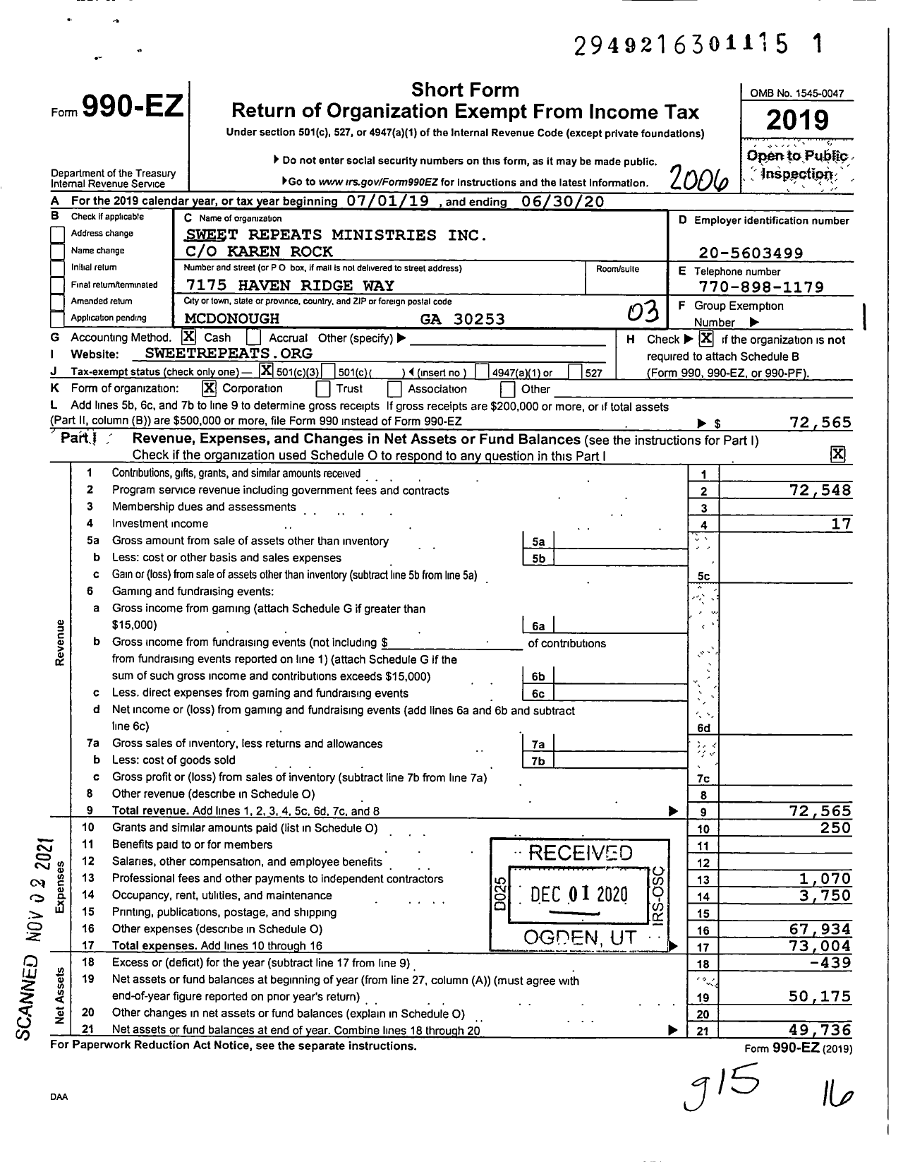 Image of first page of 2019 Form 990EZ for Sweet Repeats Ministries