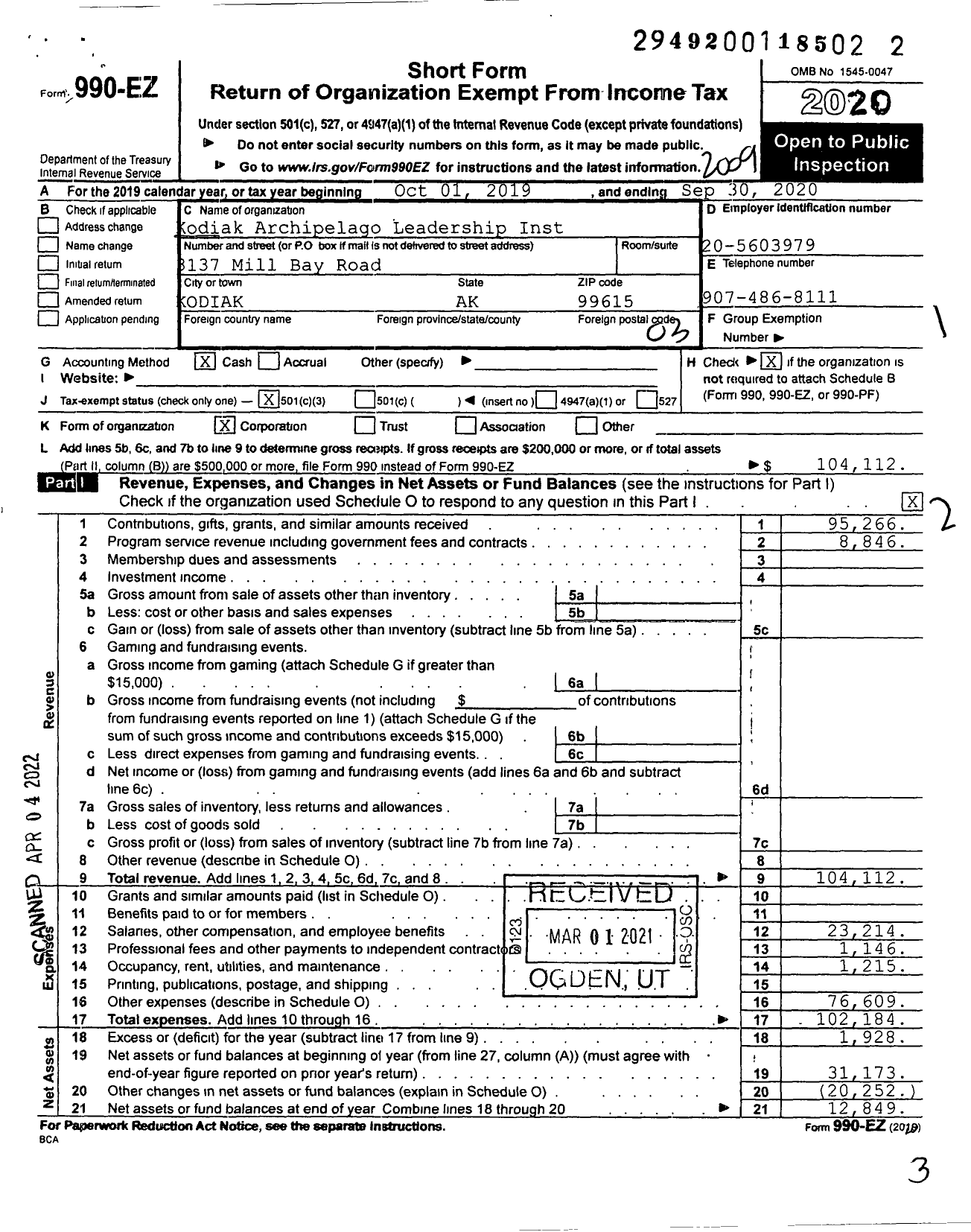 Image of first page of 2019 Form 990EZ for Kodiak Archipelago Leadership Institute