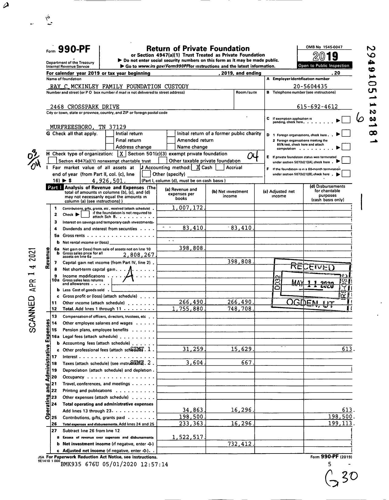 Image of first page of 2019 Form 990PF for Ray C Mckinley Family Foundation Agency