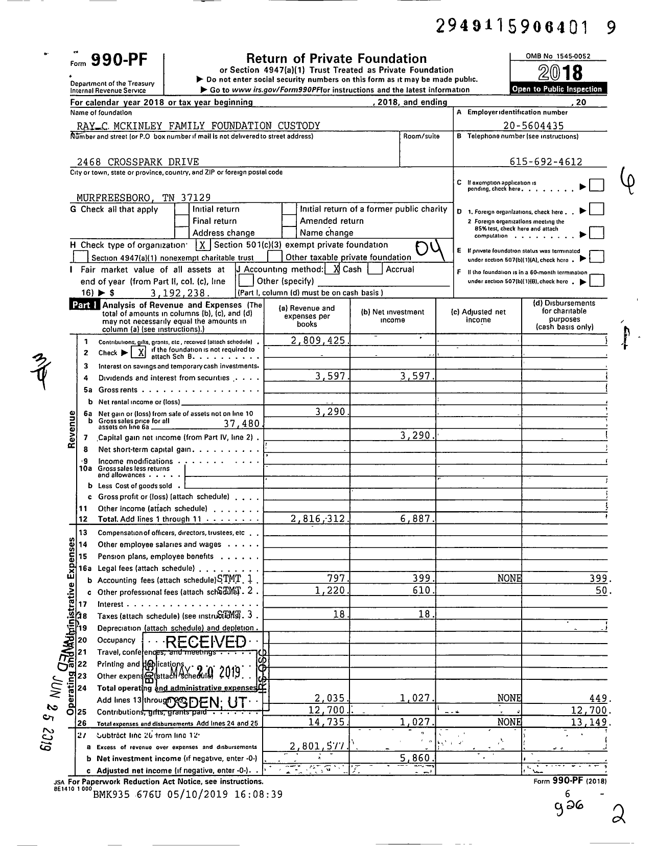 Image of first page of 2018 Form 990PF for Ray C Mckinley Family Foundation Agency