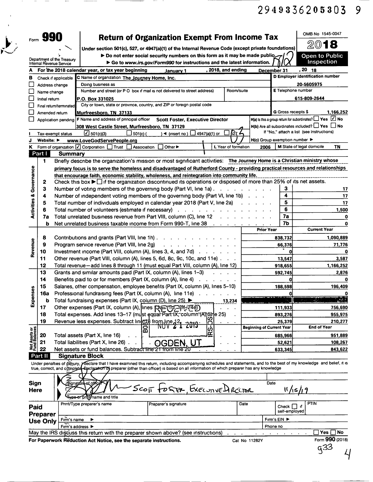 Image of first page of 2018 Form 990 for Journey Home