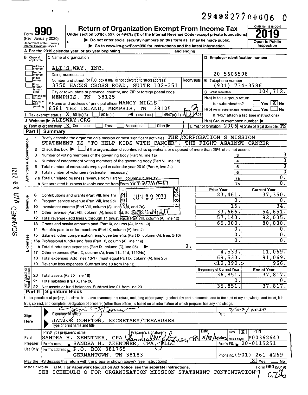 Image of first page of 2019 Form 990 for Ali's Way