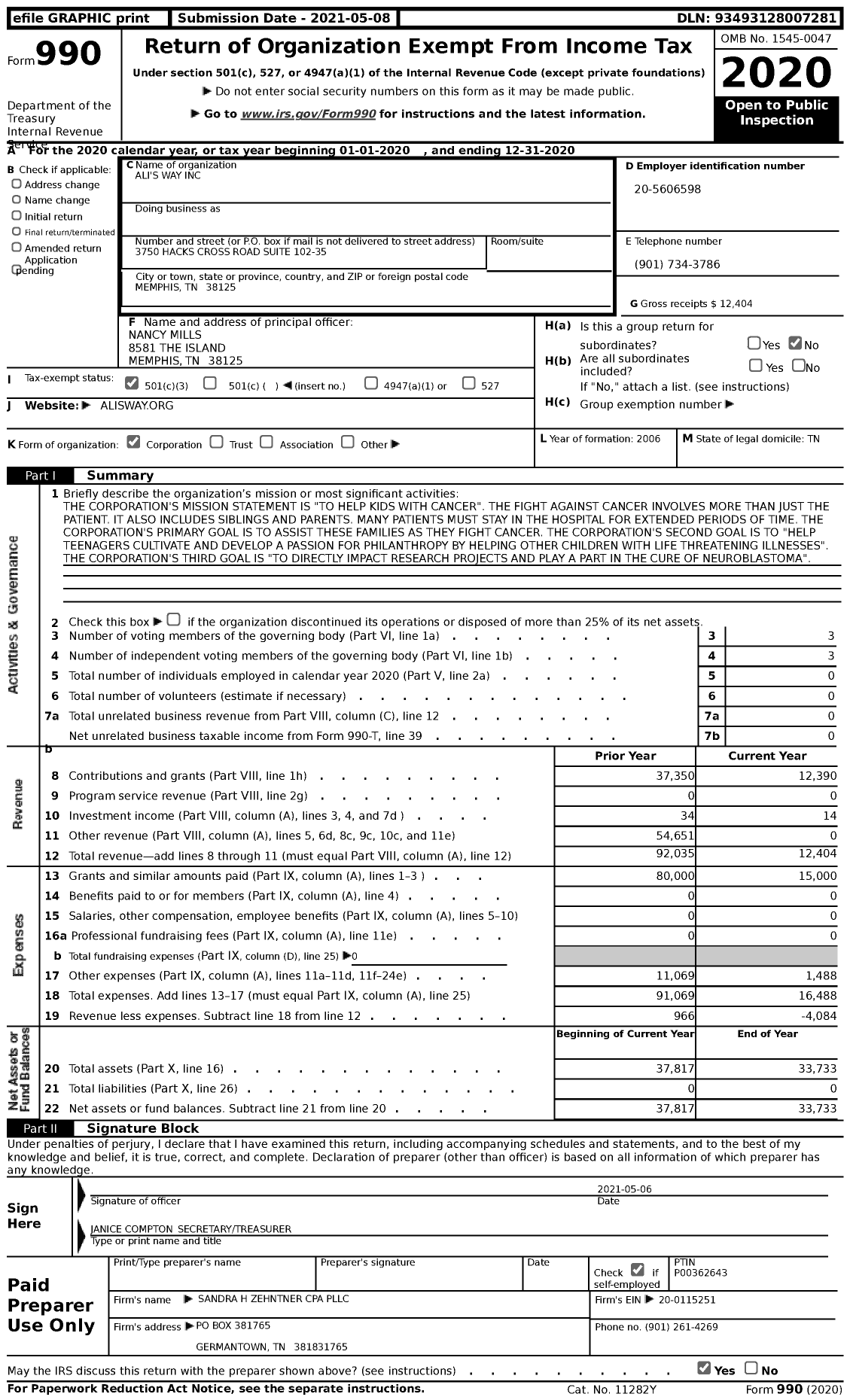 Image of first page of 2020 Form 990 for Ali's Way