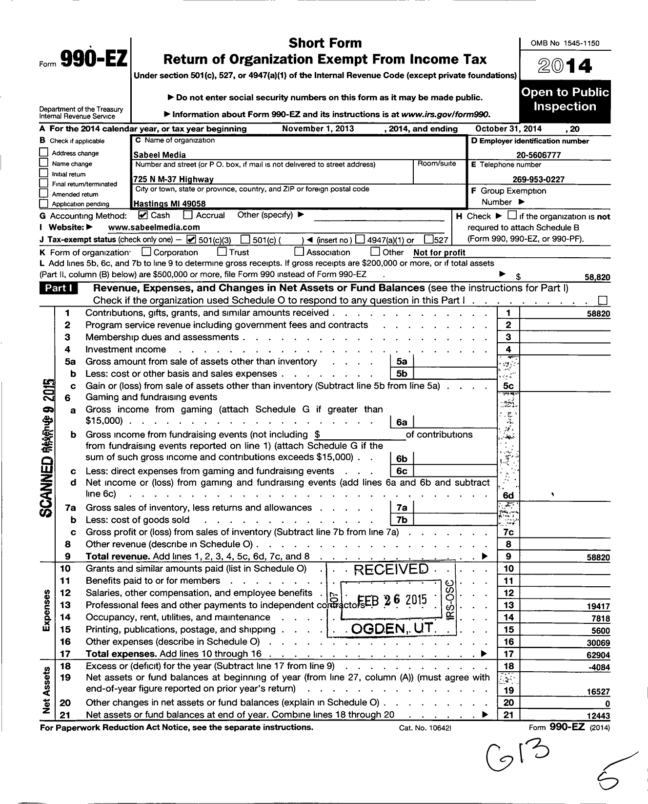 Image of first page of 2013 Form 990EZ for Sabeel Media