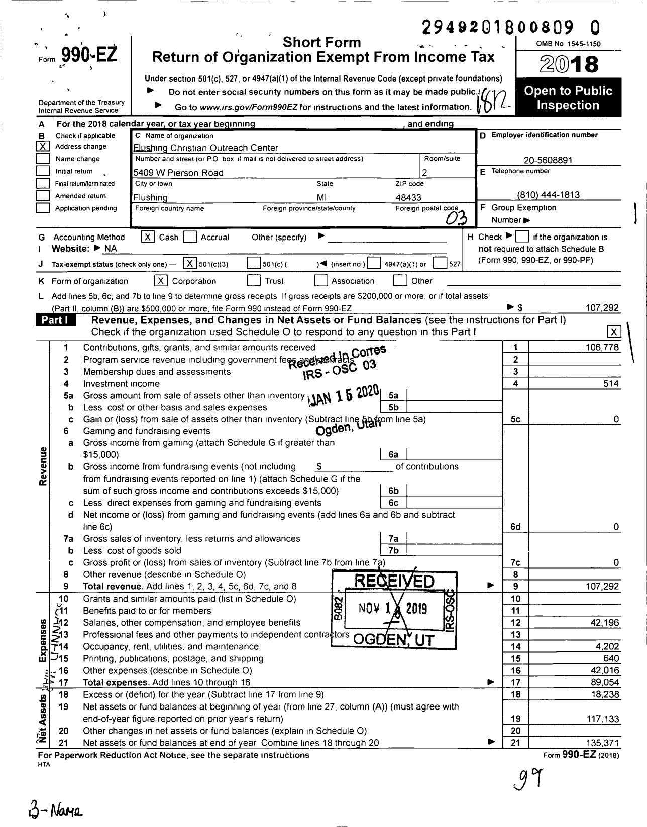 Image of first page of 2018 Form 990EZ for Flushing Christian Outreach Center