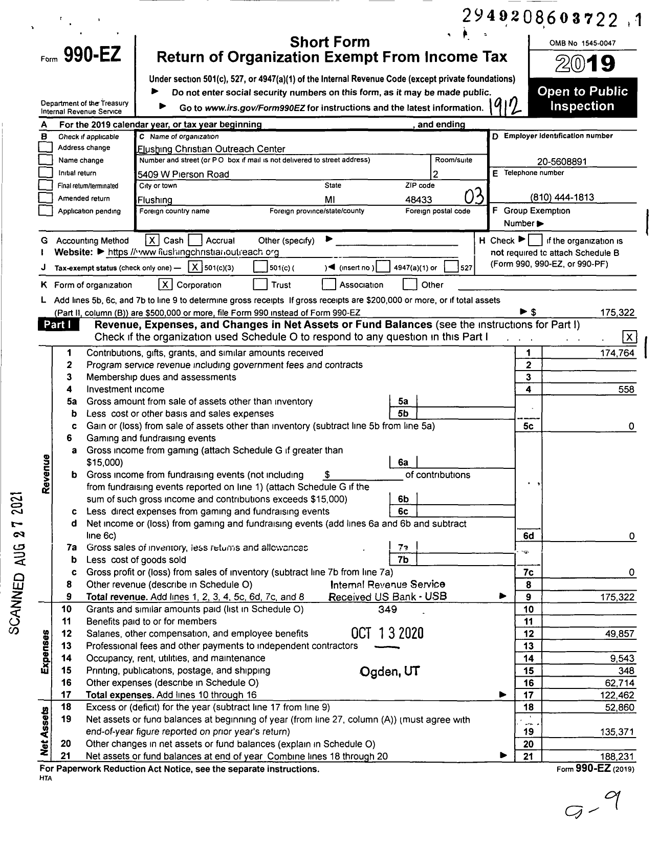 Image of first page of 2019 Form 990EZ for Flushing Christian Outreach Center