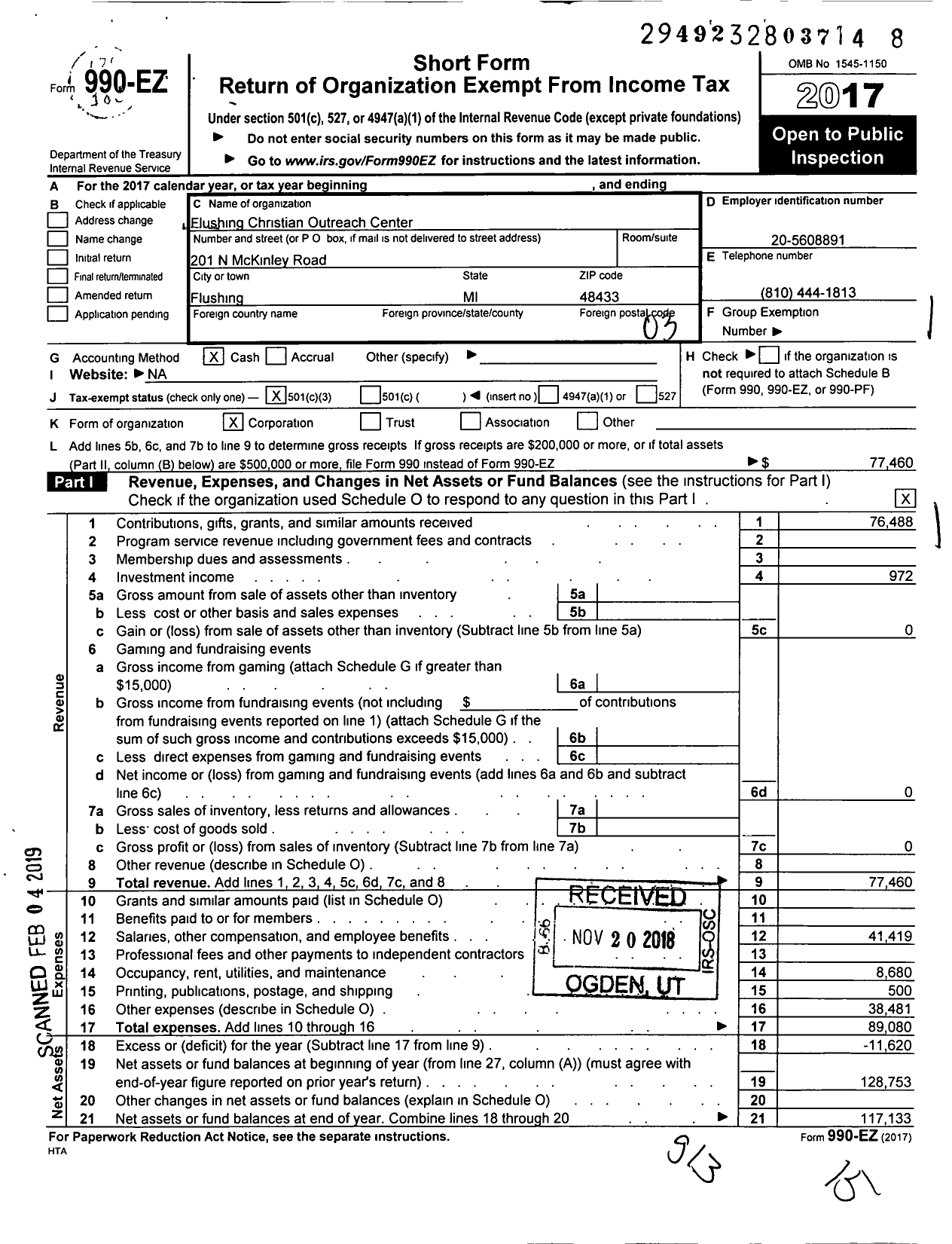 Image of first page of 2017 Form 990EZ for Flushing Christian Outreach Center