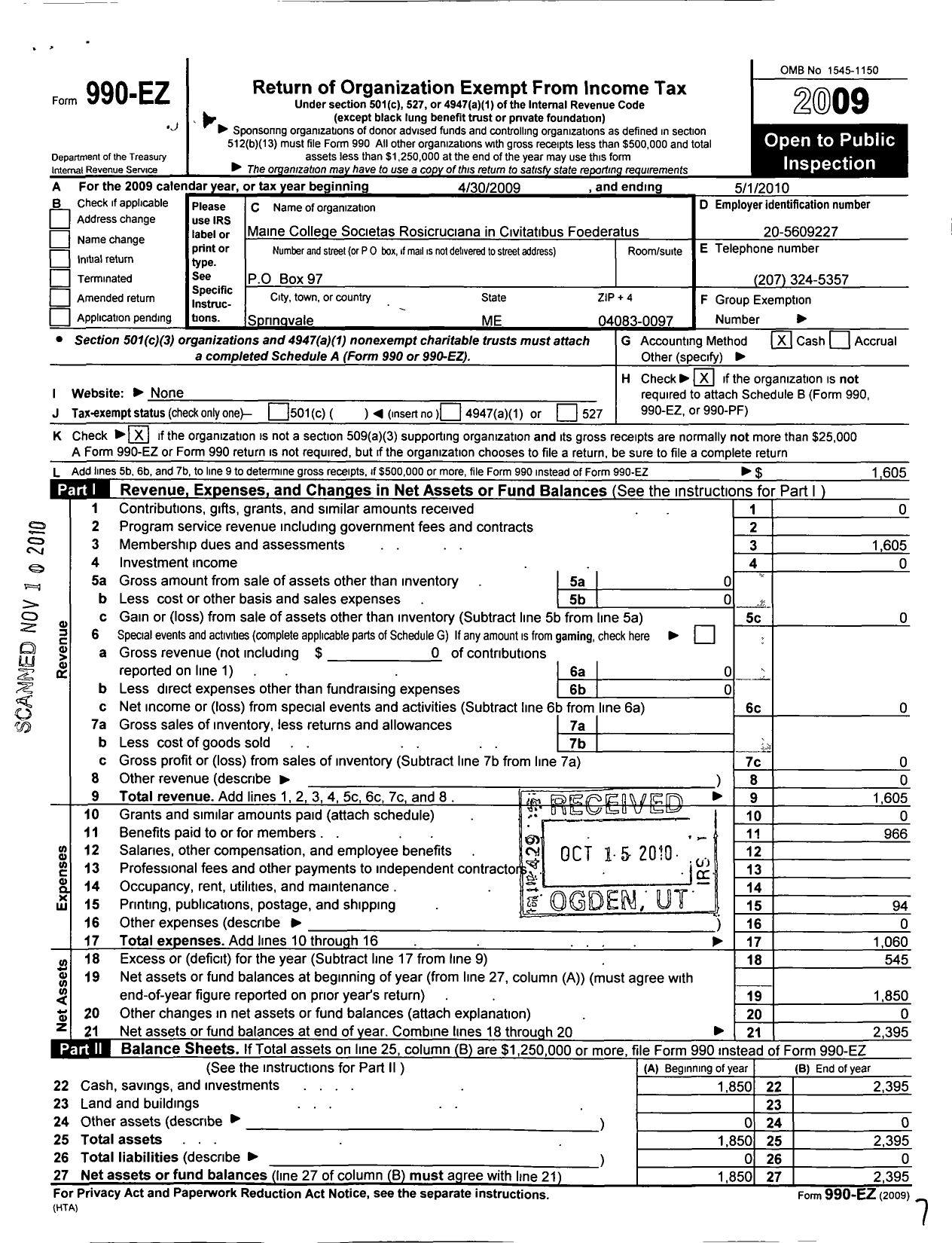 Image of first page of 2009 Form 990EO for Maine College Societas Rosicruciana In Civitatibus Federatis