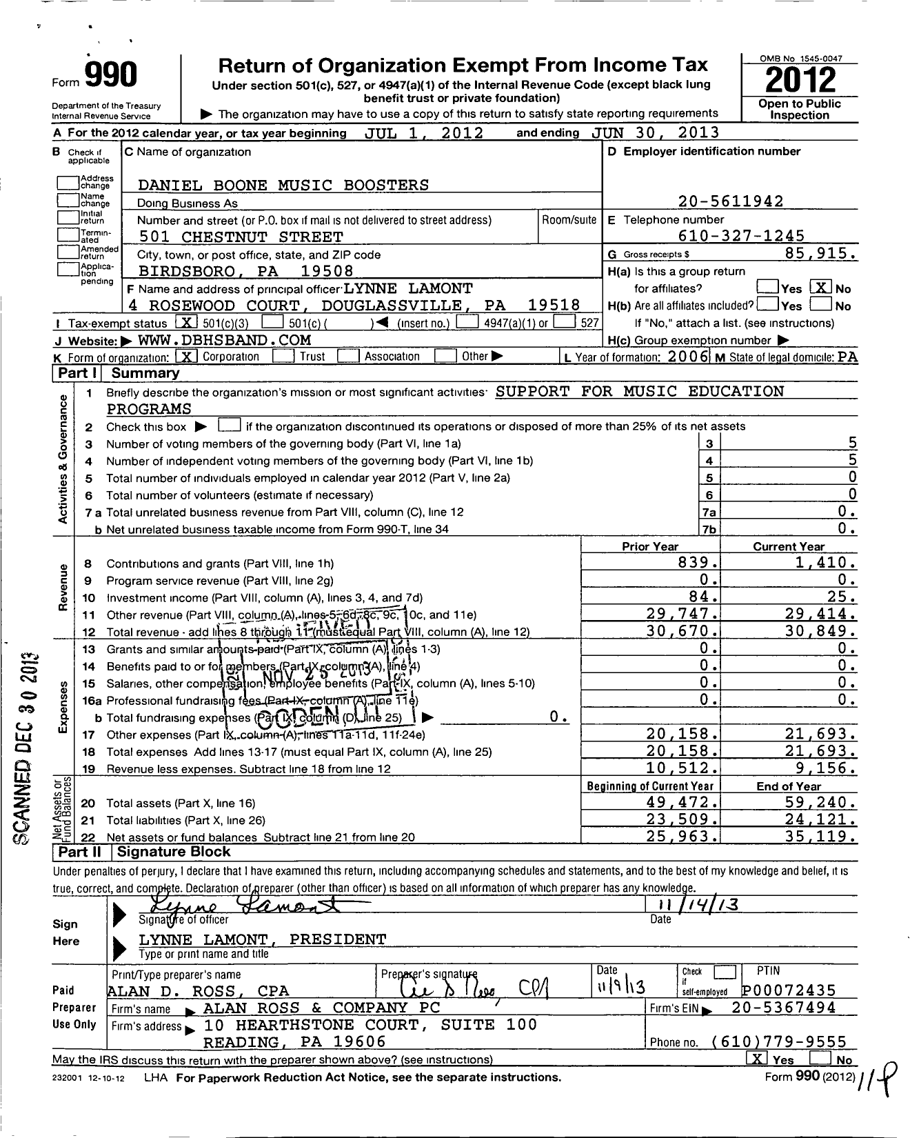 Image of first page of 2012 Form 990 for Daniel Boone Music Boosters