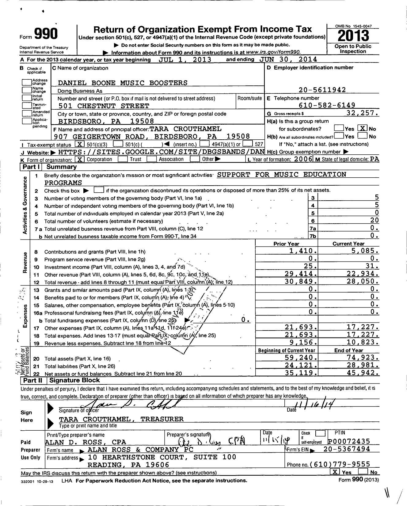 Image of first page of 2013 Form 990 for Daniel Boone Music Boosters