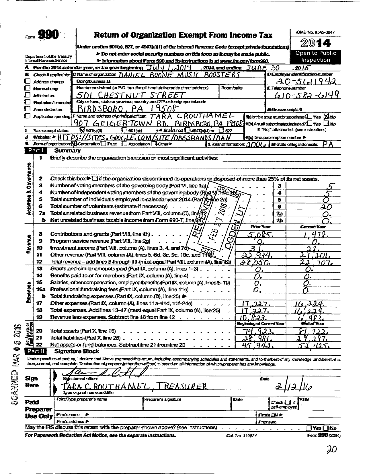 Image of first page of 2014 Form 990 for Daniel Boone Music Boosters