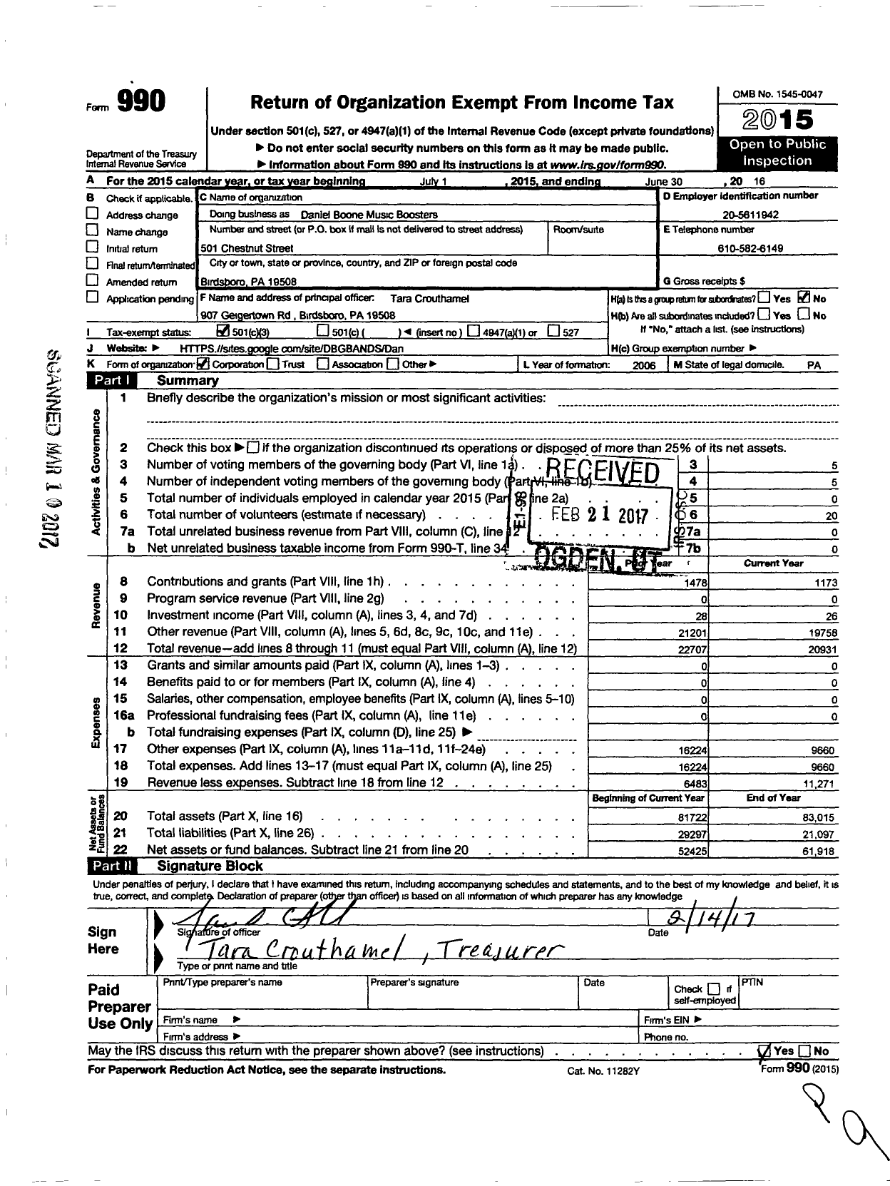 Image of first page of 2015 Form 990 for Daniel Boone Music Boosters