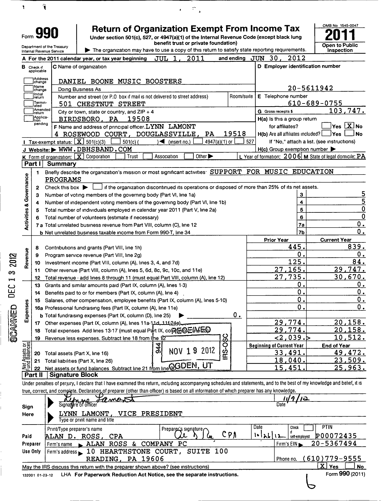 Image of first page of 2011 Form 990 for Daniel Boone Music Boosters