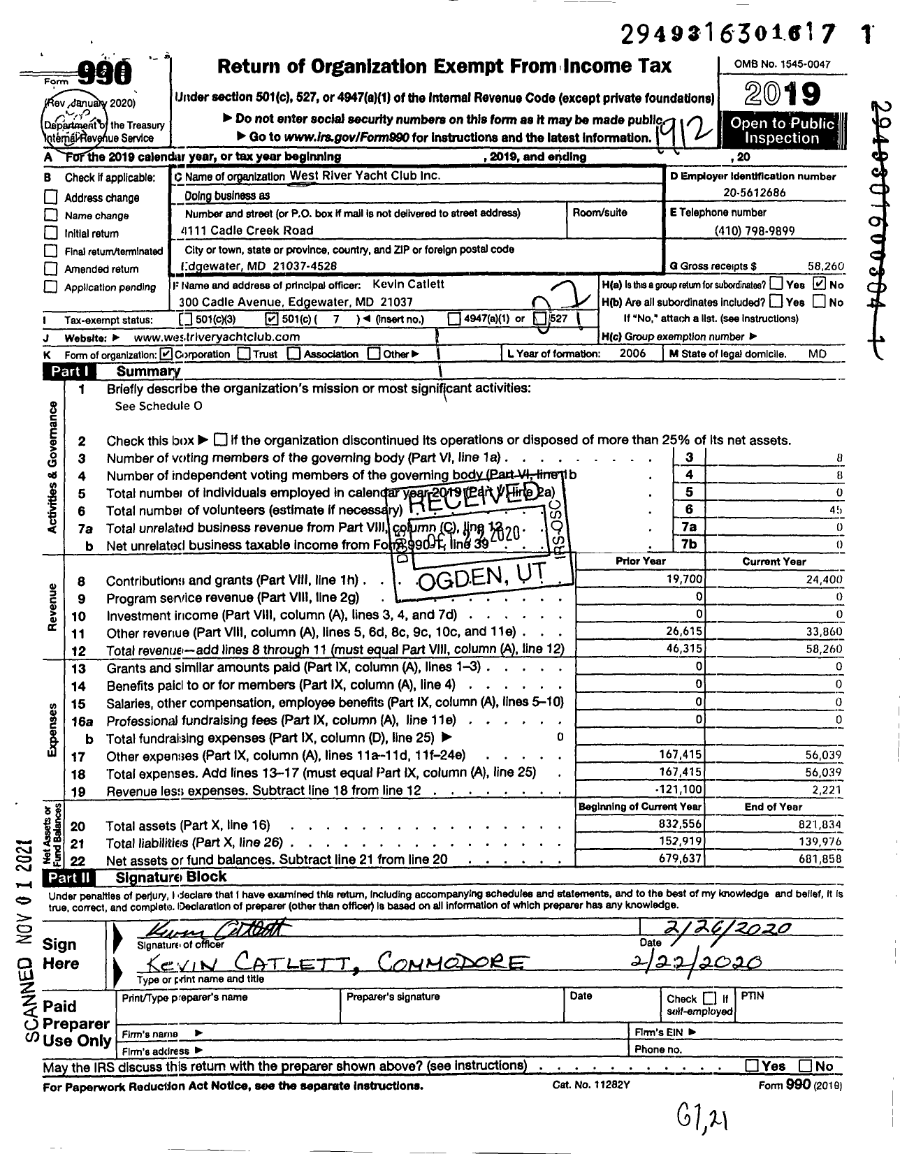 Image of first page of 2019 Form 990O for West River Yacht Club