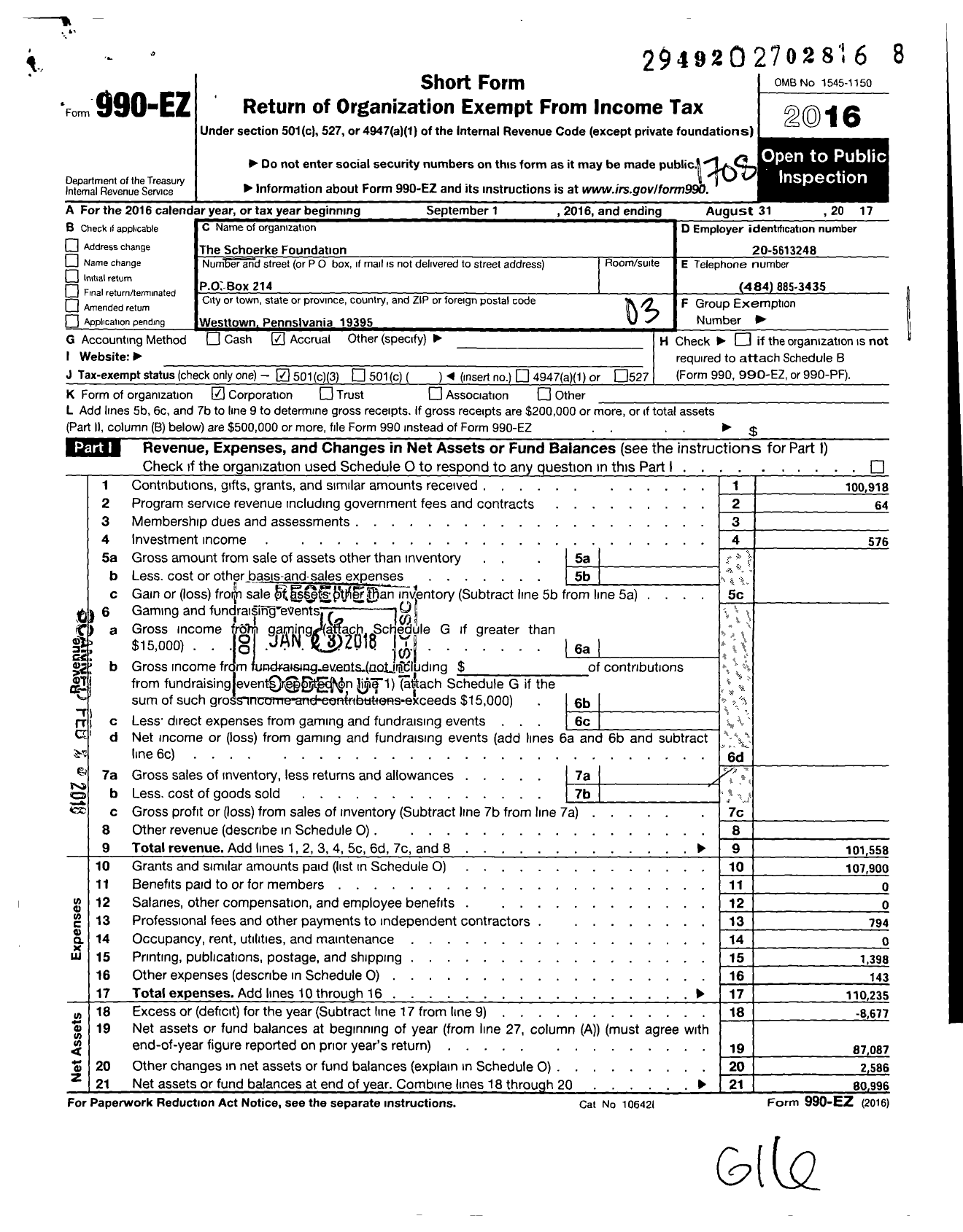 Image of first page of 2016 Form 990EZ for Schoerke Foundation