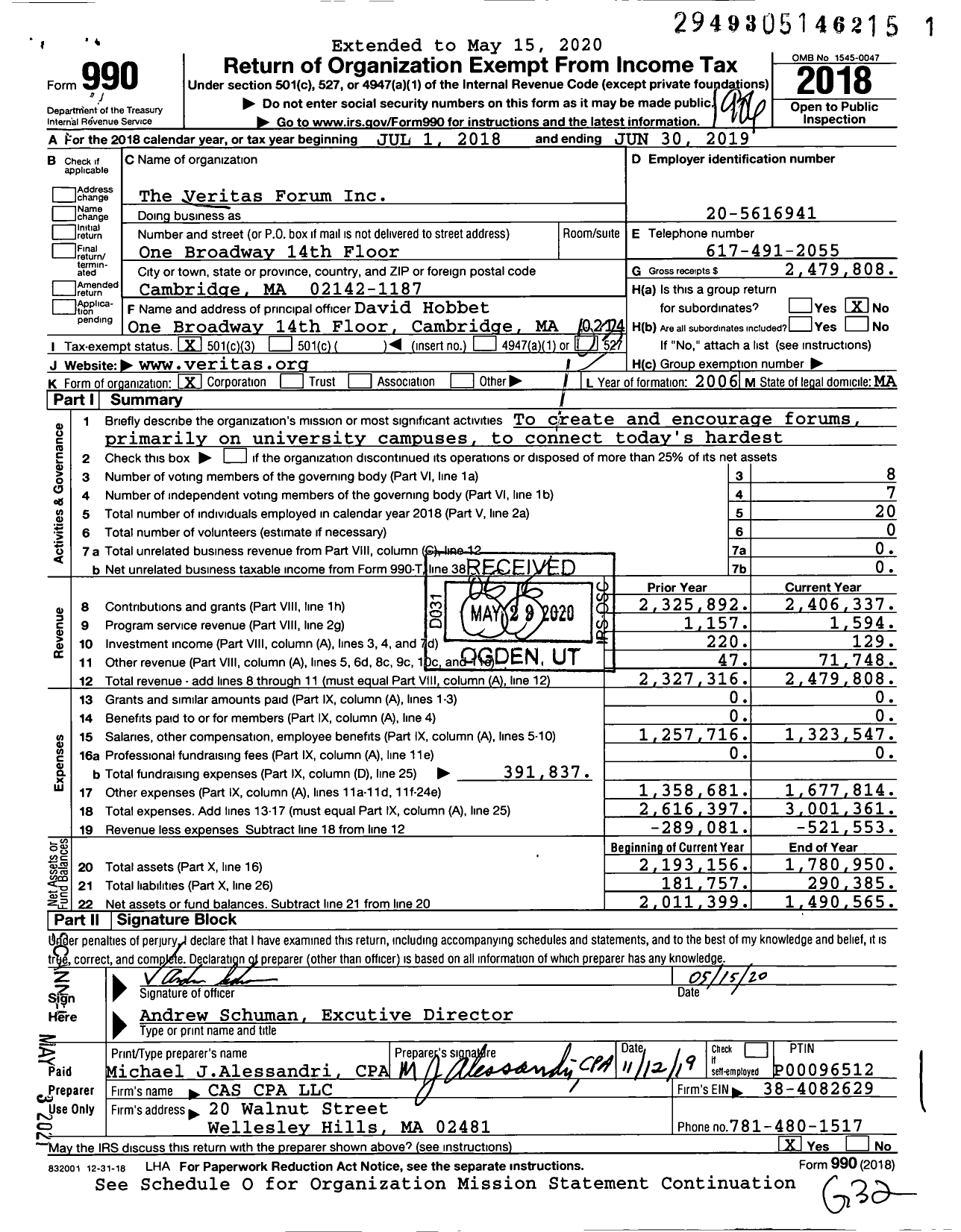 Image of first page of 2018 Form 990 for Veritas Forum