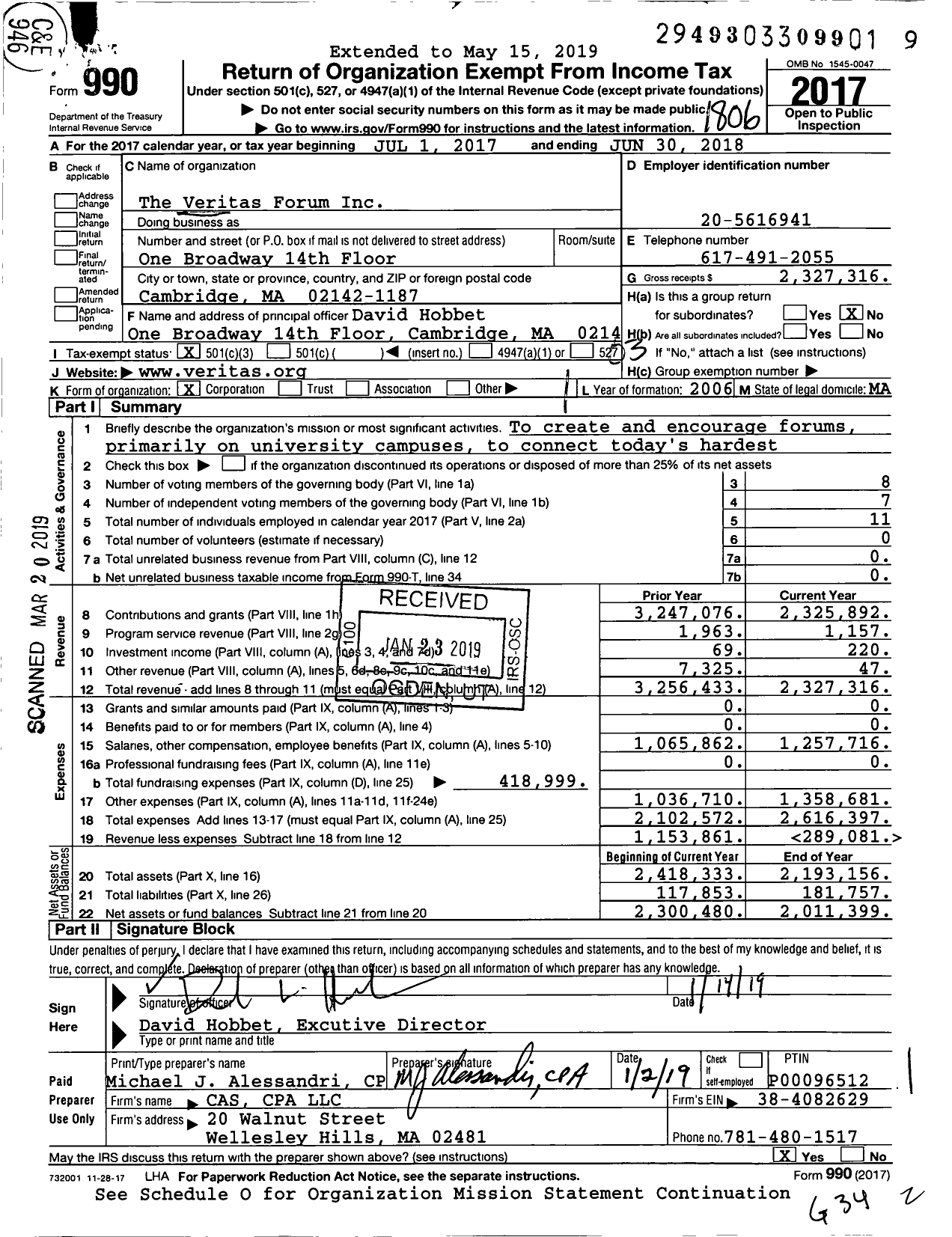 Image of first page of 2017 Form 990 for Veritas Forum